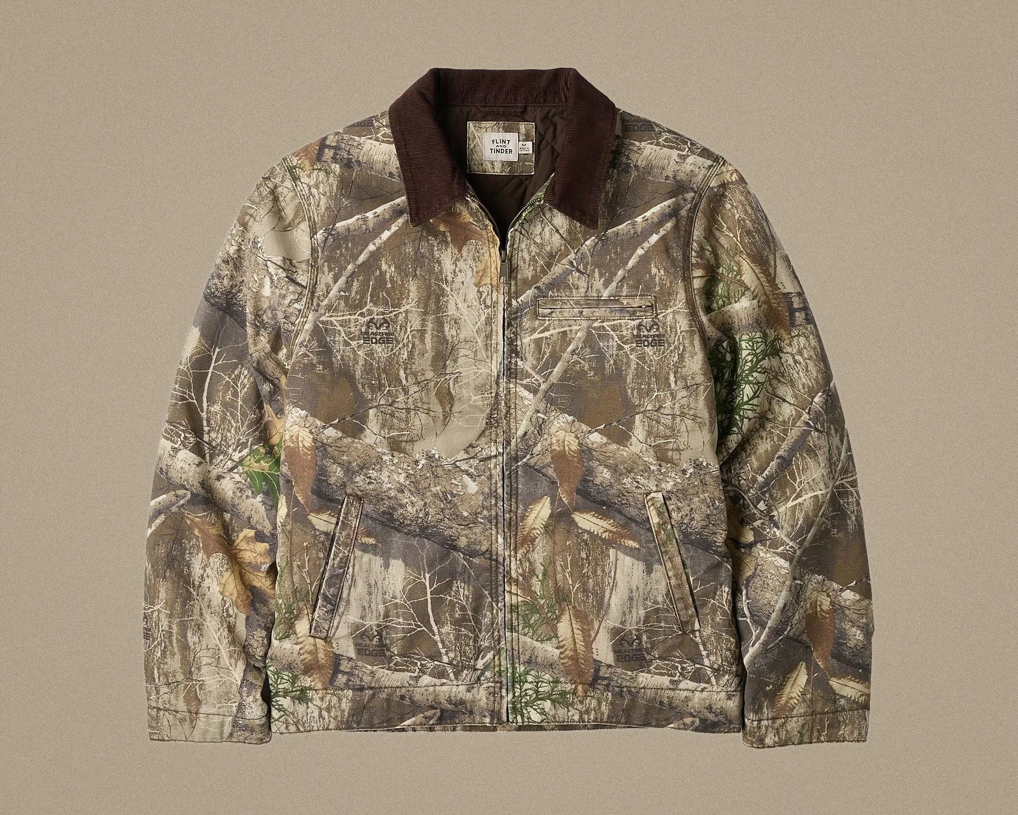 Camouflage-patterned jacket with brown corduroy collar and front zipper closure.