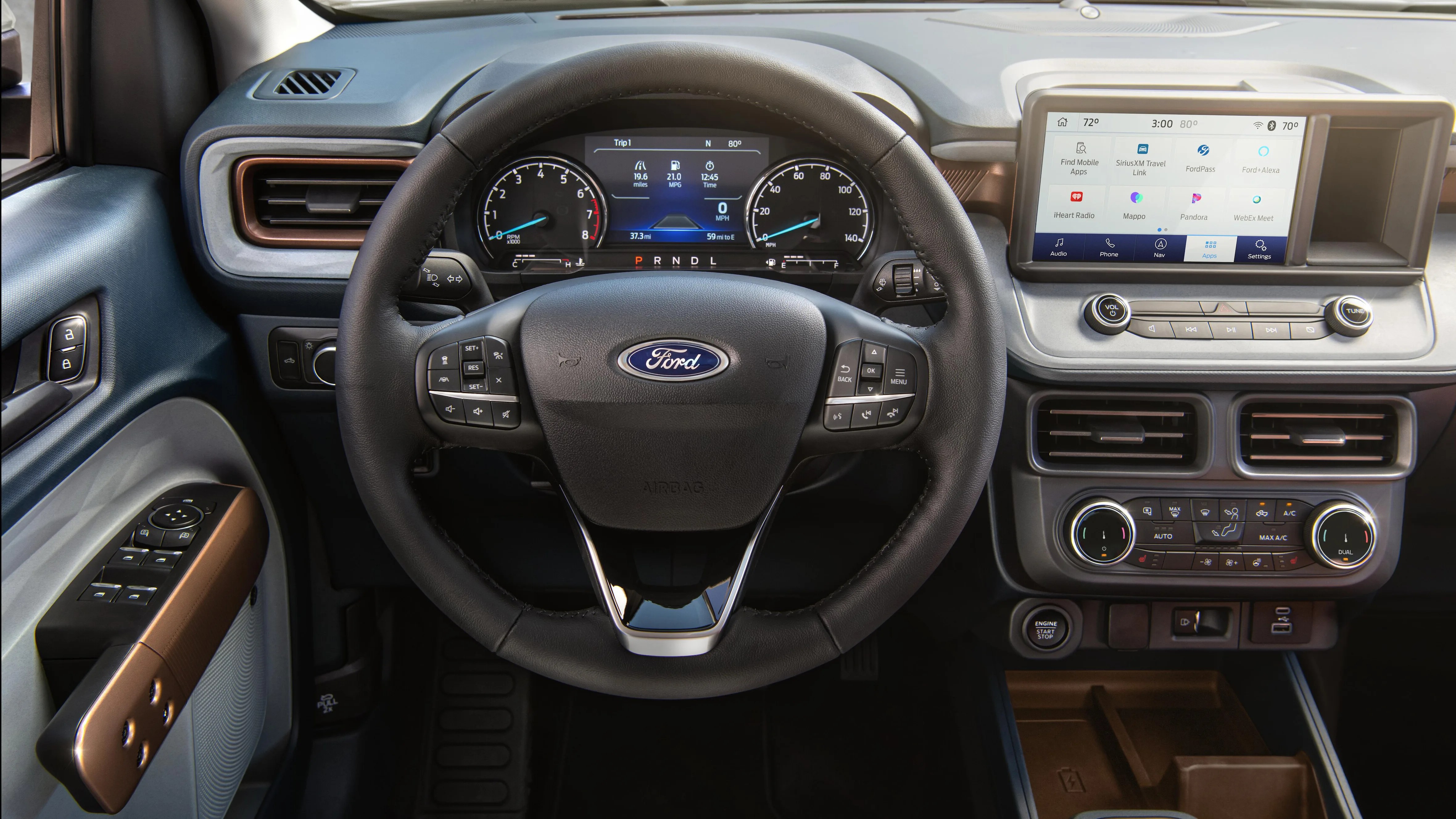 Black leather-wrapped Ford steering wheel with multifunction controls and digital instrument cluster behind it.