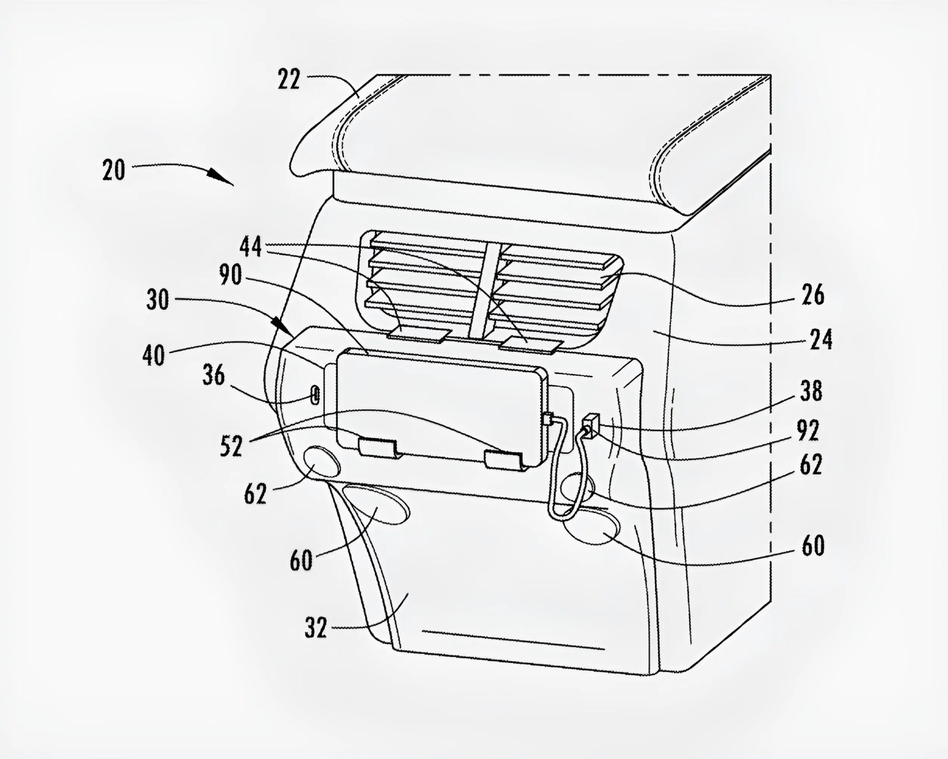 Diagram of a vehicle seat back with labeled components including an air vent, storage compartment, and attached device with cables.