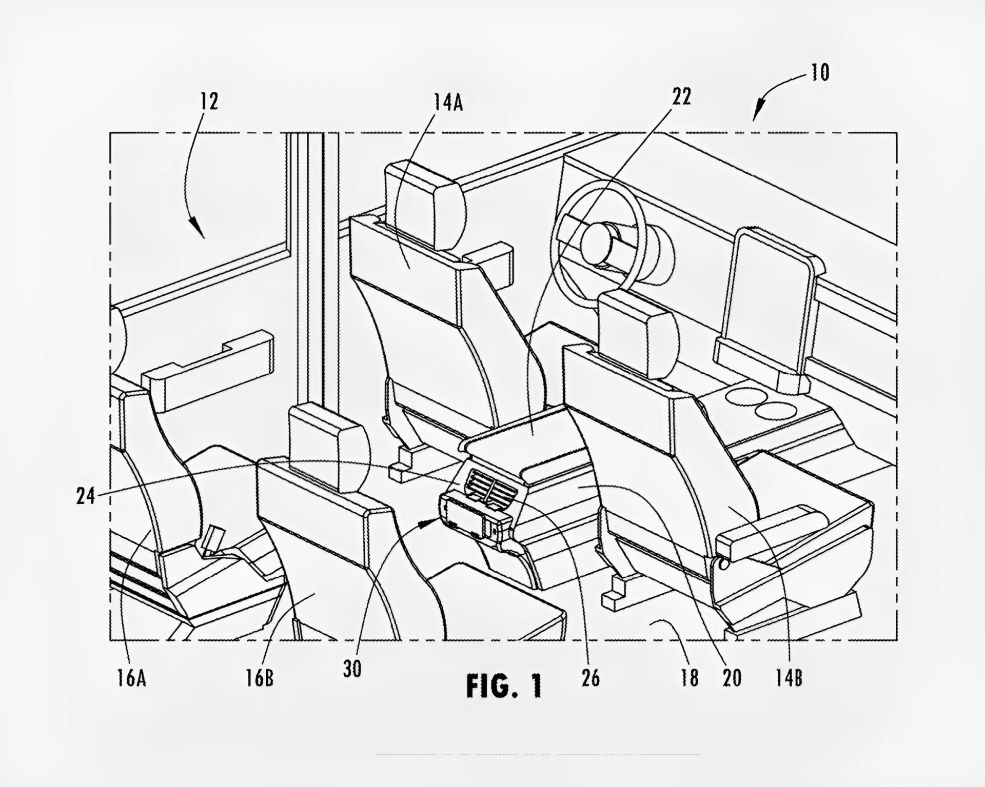 Line drawing of a vehicle interior showing front and rear seats, steering wheel, center console, and labeled components.