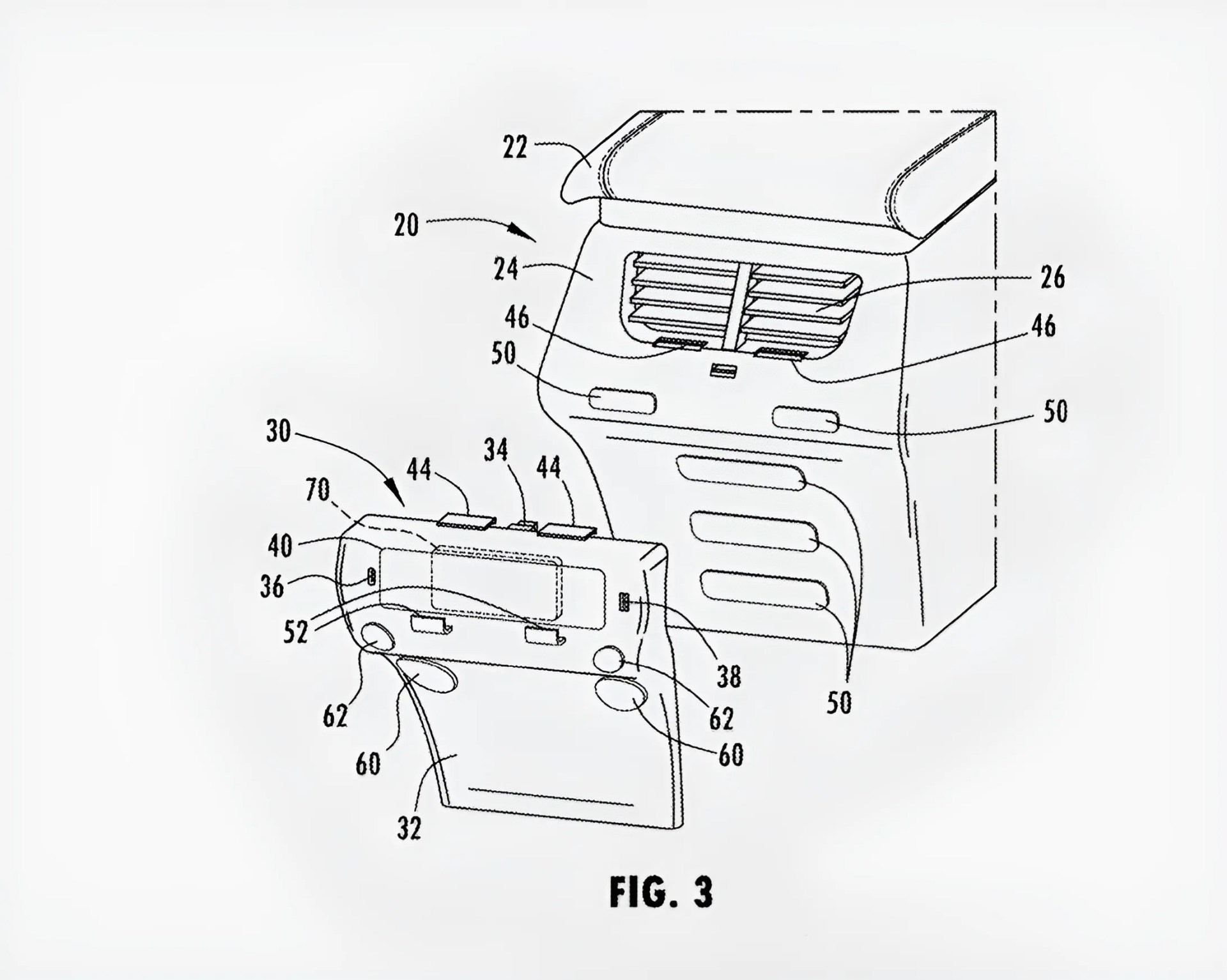 Technical drawing of a dashboard component with labeled parts including vents, buttons, and a detachable panel.