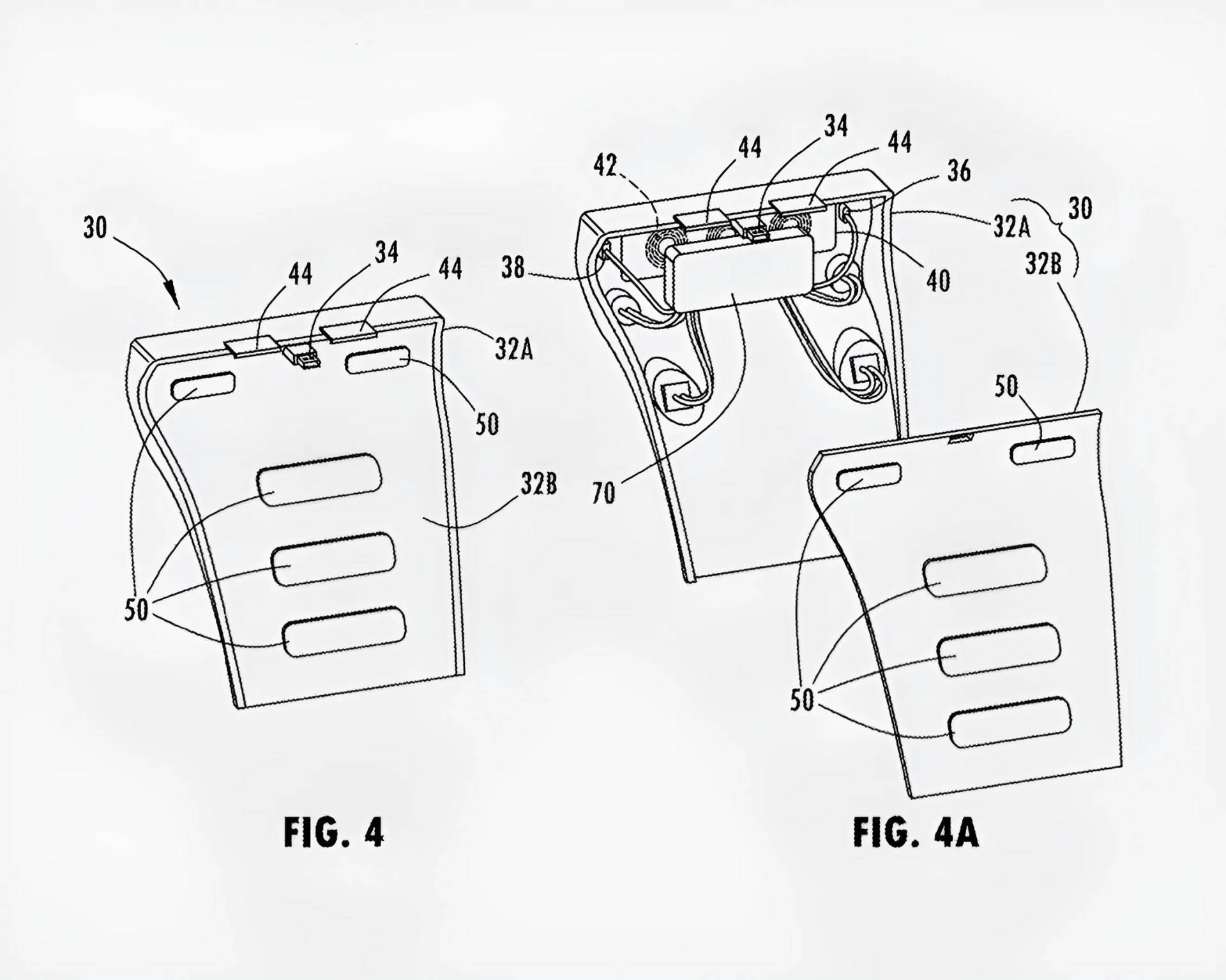 Technical drawing of a curved device with labeled parts including sections 32A, 32B, 34, 36, 38, 40, 42, 44, 50, and 70 shown in two views, one exploded.