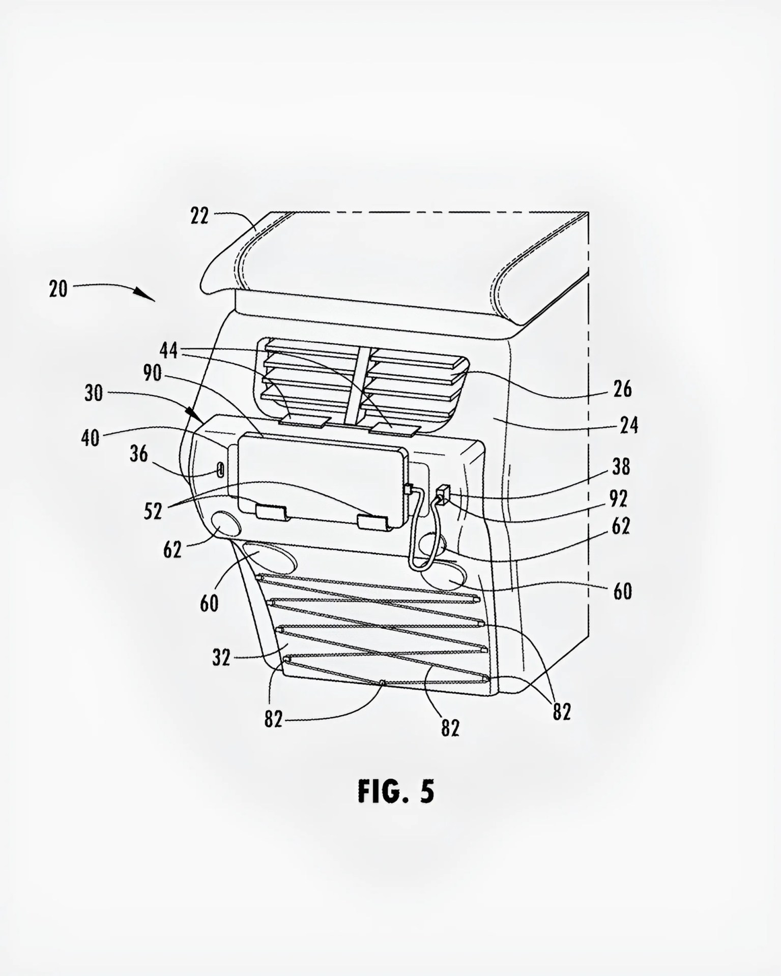 Technical drawing of a car seat back with an integrated vent, foldable tray, and storage compartments, labeled with reference numbers.