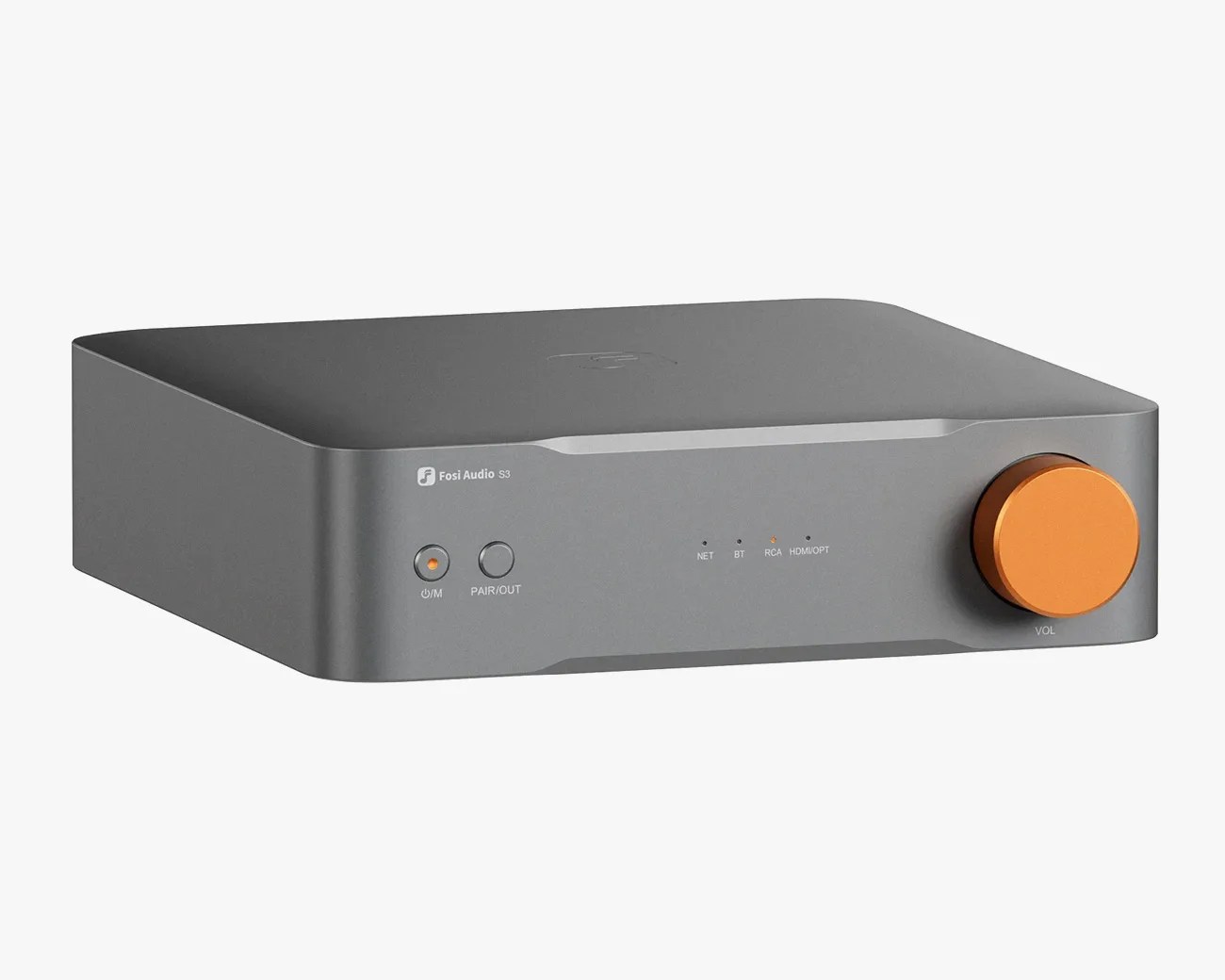 Gray Fosi Audio S3 amplifier with orange volume knob and buttons on front panel.