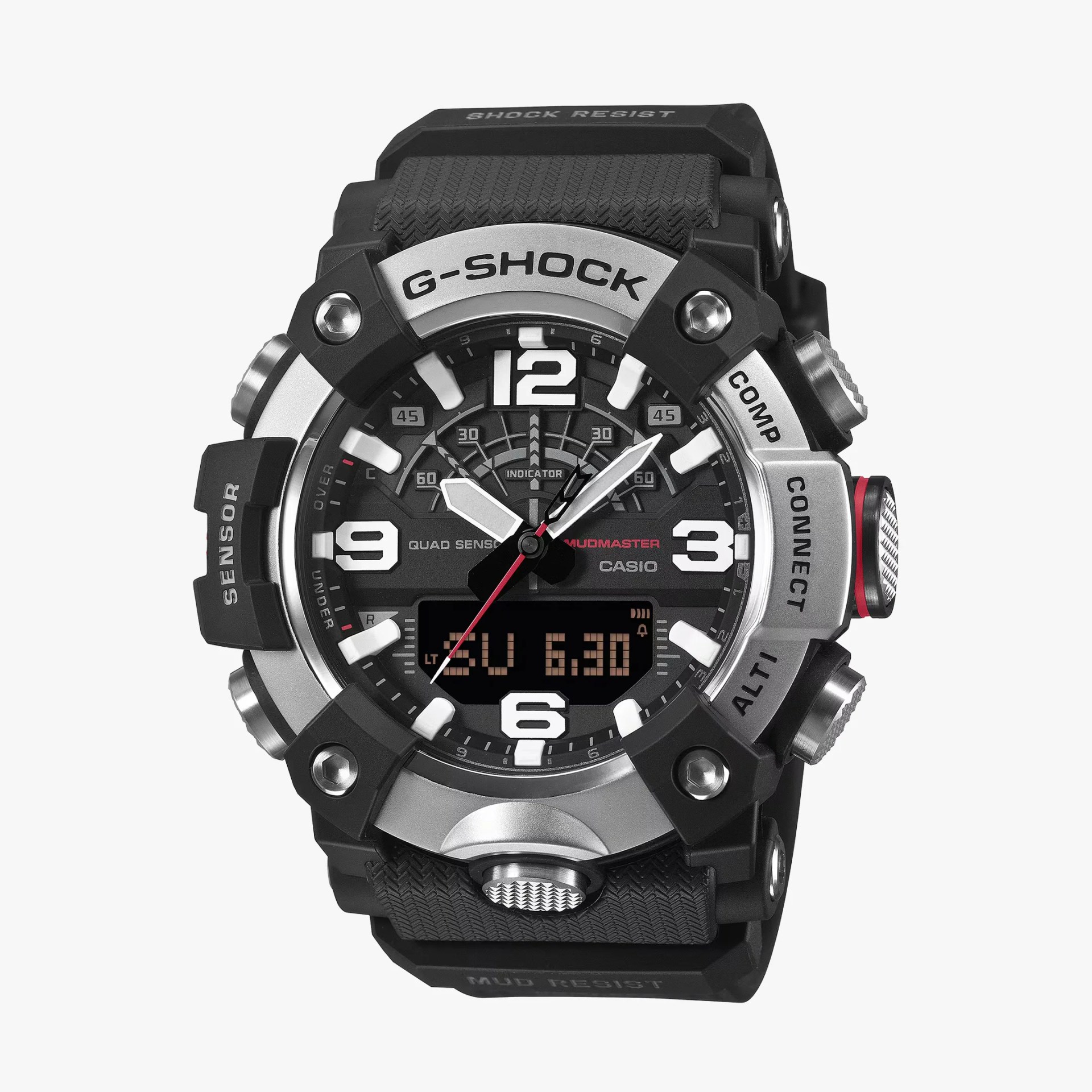 Black and silver Casio G-Shock Mudmaster watch with analog-digital display and textured black strap.