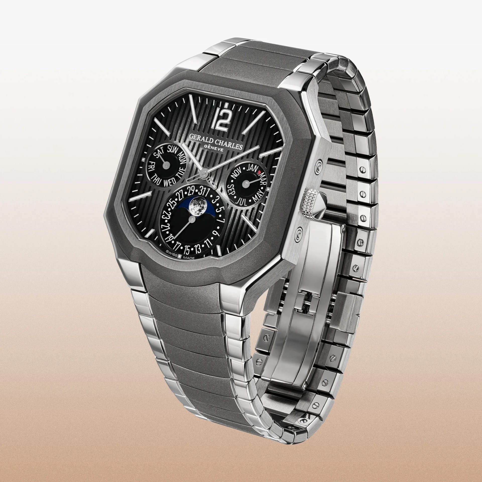 Octagonal black dial wristwatch with day, month, and moon phase subdials and a two-tone metal bracelet.