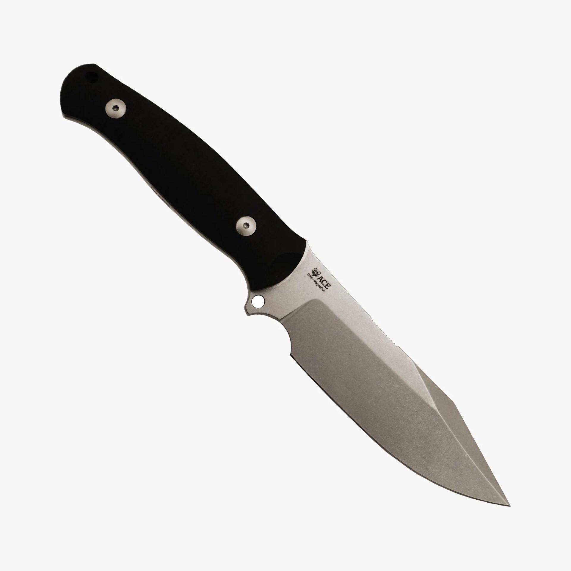 Fixed-blade knife with a stonewashed blade and black ergonomic handle.