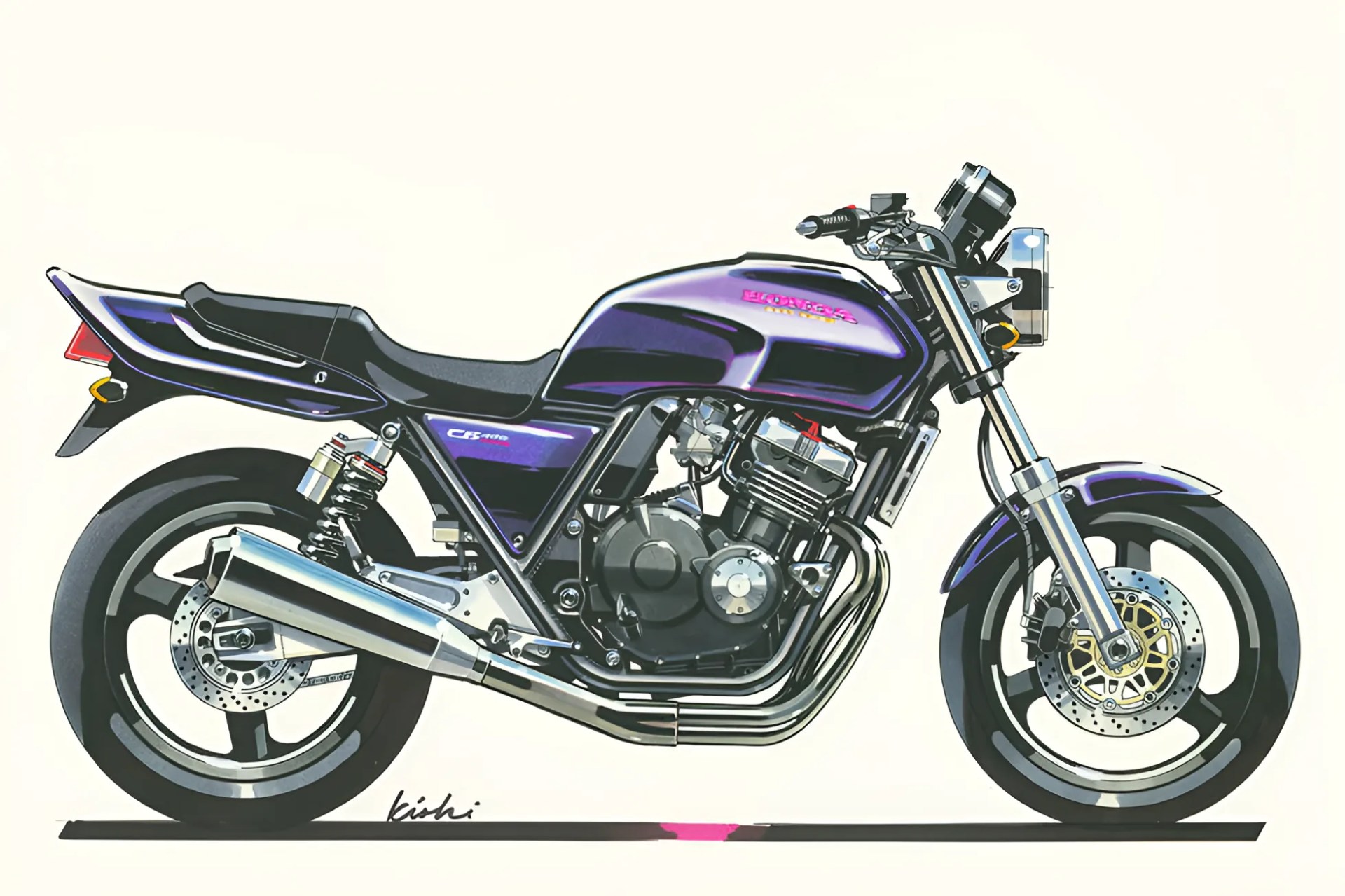 Purple Honda CB400 motorcycle side view illustration with chrome exhaust and black seat.