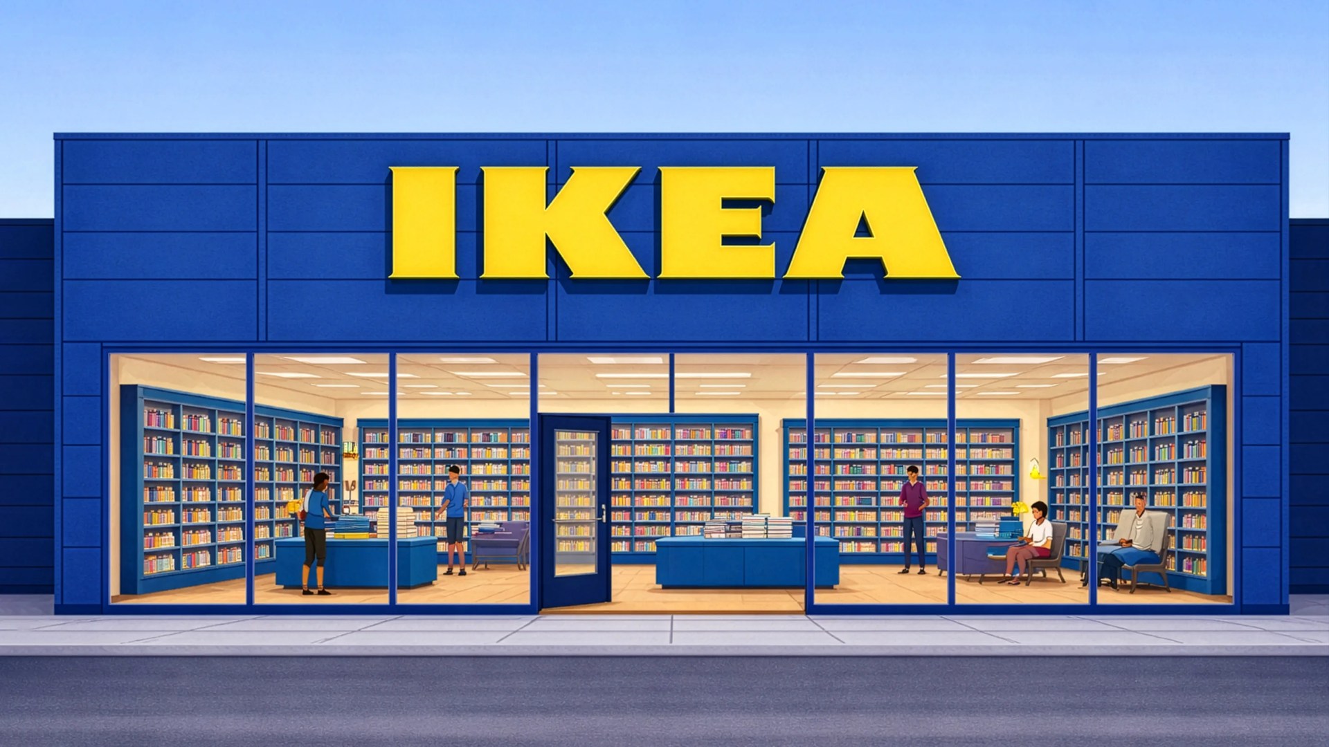 Blue IKEA store facade with large yellow logo and interior showing bookshelves and people inside.