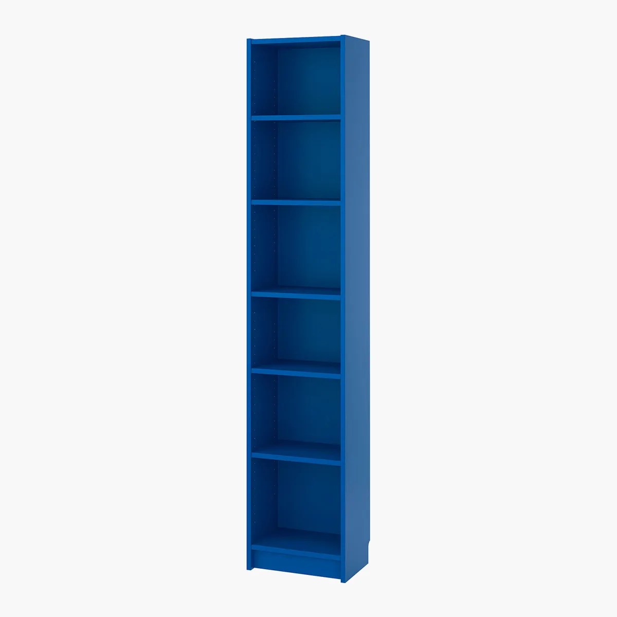 Tall blue wooden shelving unit with six open shelves against a white background.