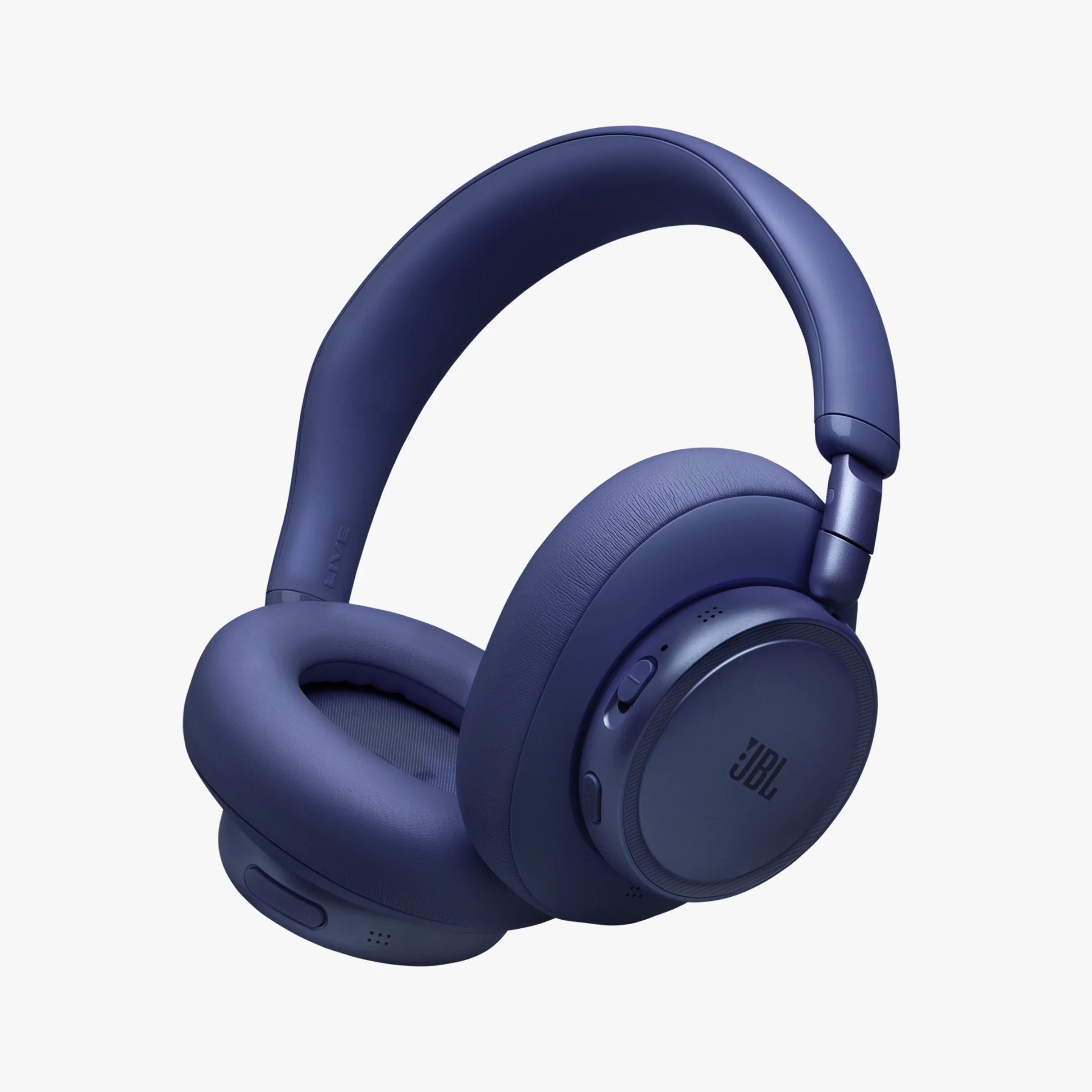 Over-ear wireless JBL headphones in matte dark blue with padded ear cushions and control buttons on the right earcup.