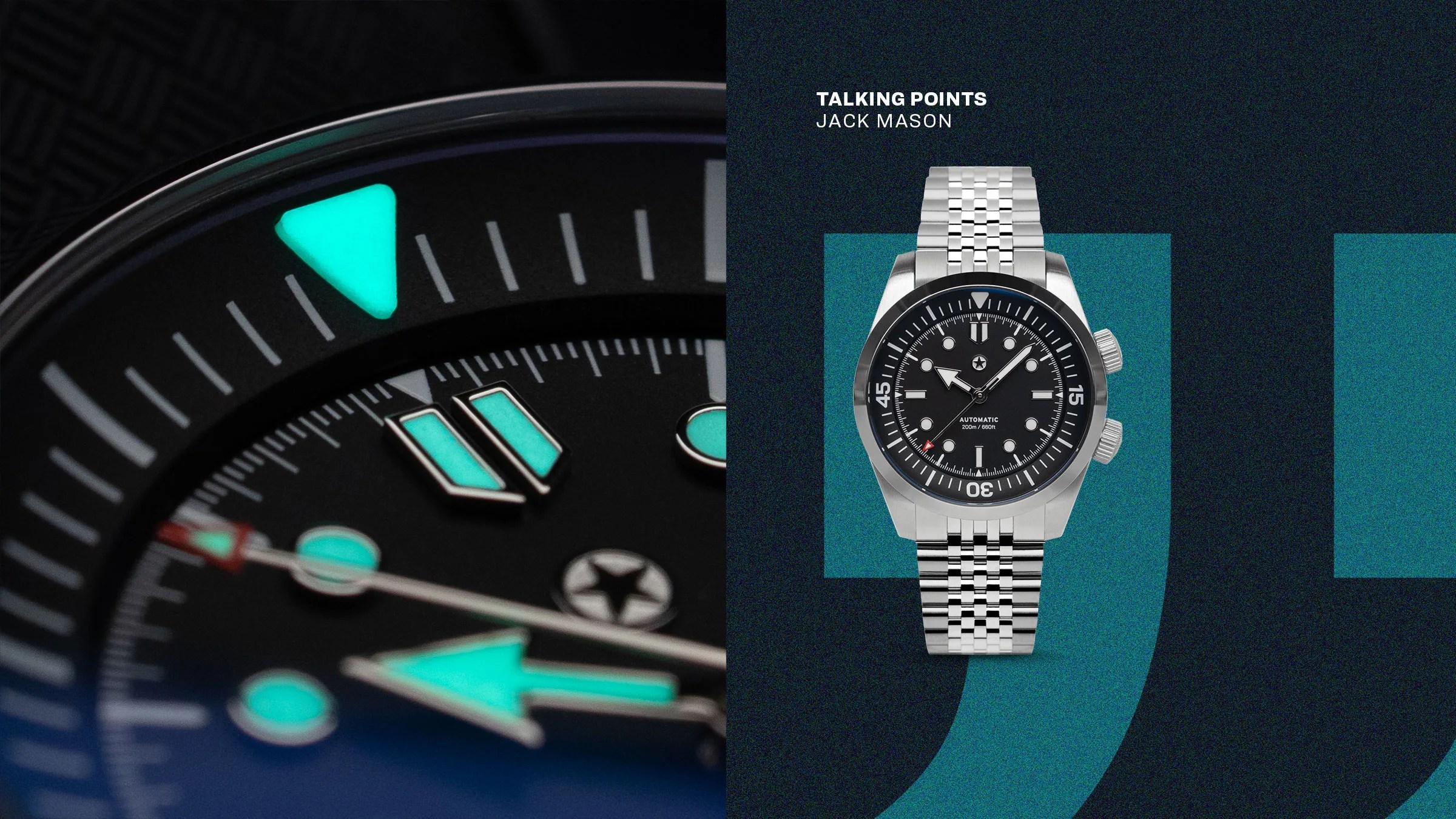 Close-up of a black dial watch with luminous turquoise markers and a silver metal bracelet watch with a black bezel on a blue background.