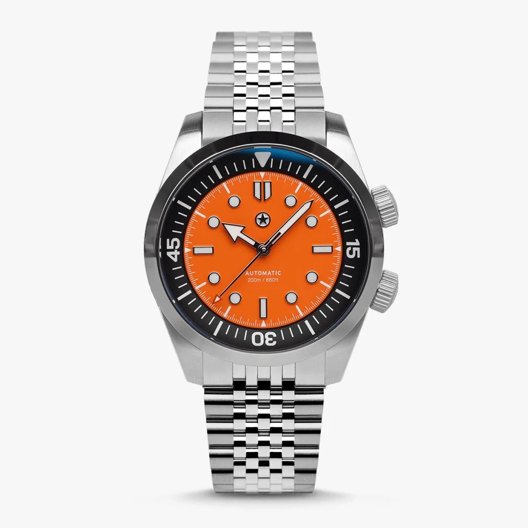 Stainless steel wristwatch with orange dial, black bezel, and silver metal link bracelet.