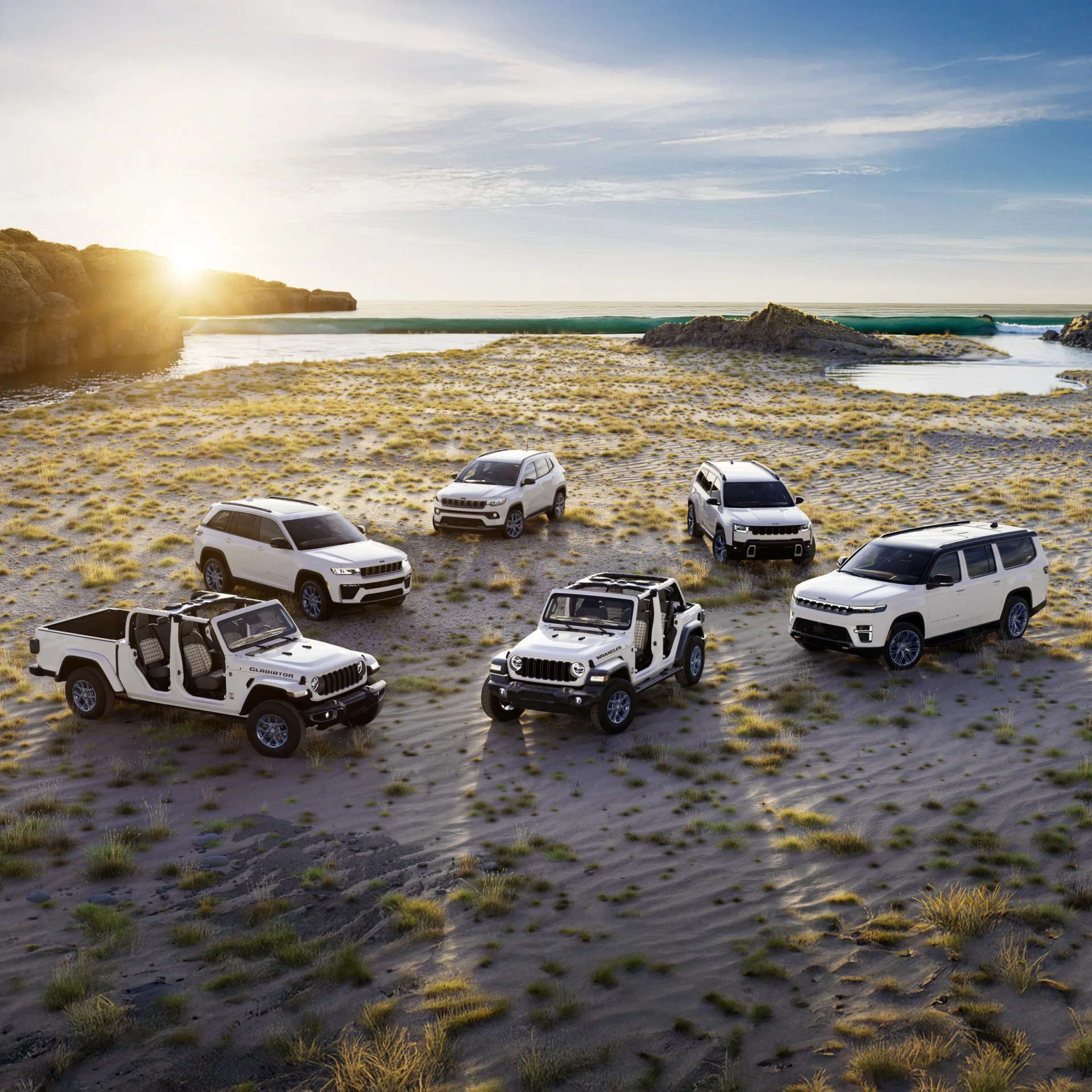 an assembly of white anniversary jeeps