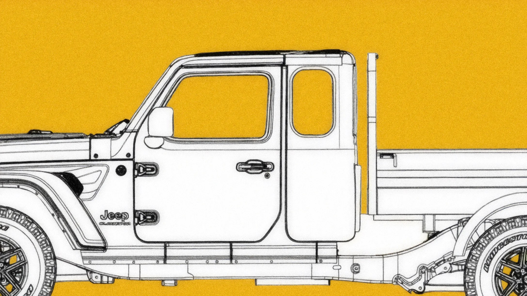 Side view line drawing of a Jeep Gladiator pickup truck with detailed tires and doors on a yellow background.