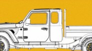 Side view line drawing of a Jeep Gladiator pickup truck with detailed tires and doors on a yellow background.