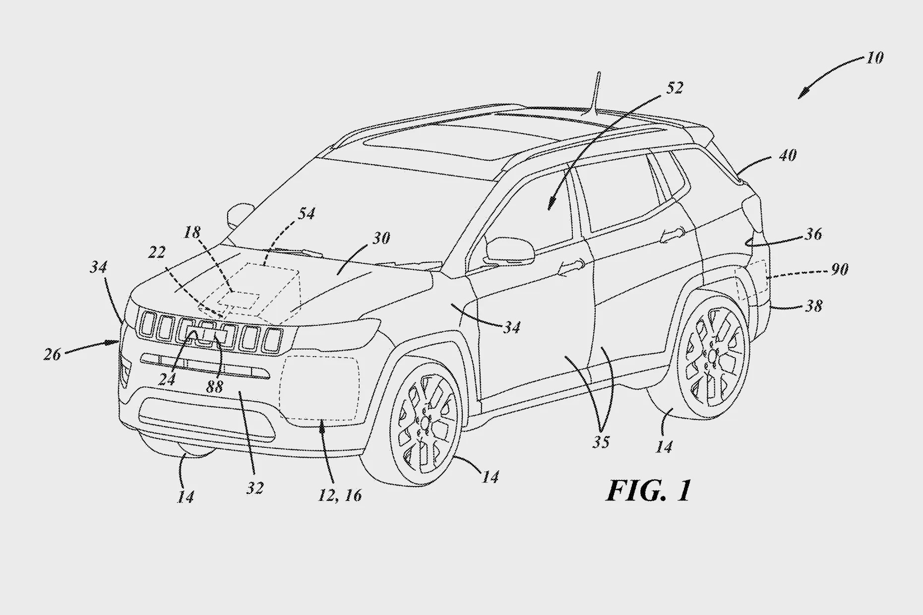 Line drawing of a four-door SUV with labeled parts including wheels, doors, hood, and roof.