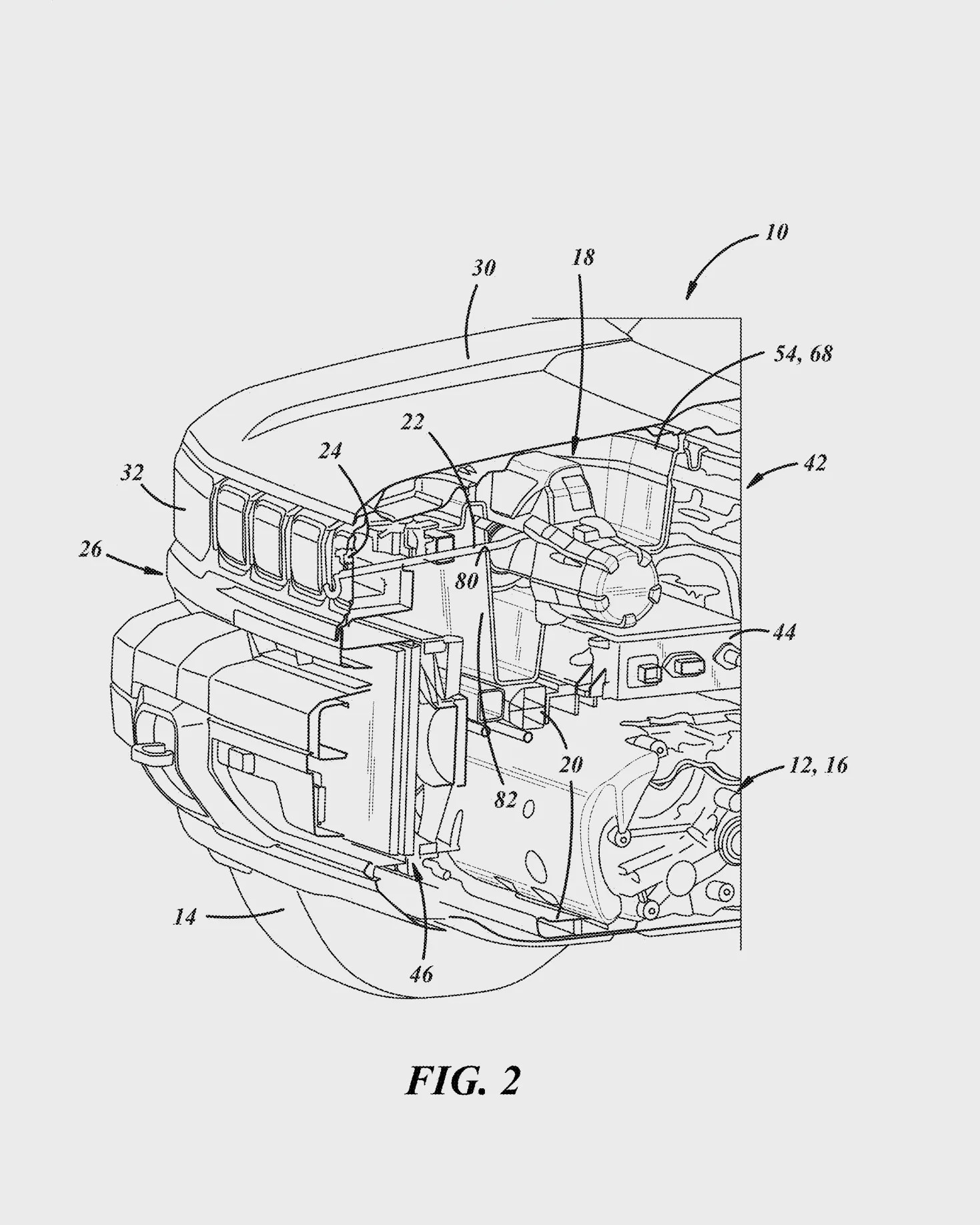 Technical drawing of a vehicle front section showing internal components like the engine, radiator, and front grille with labeled parts.