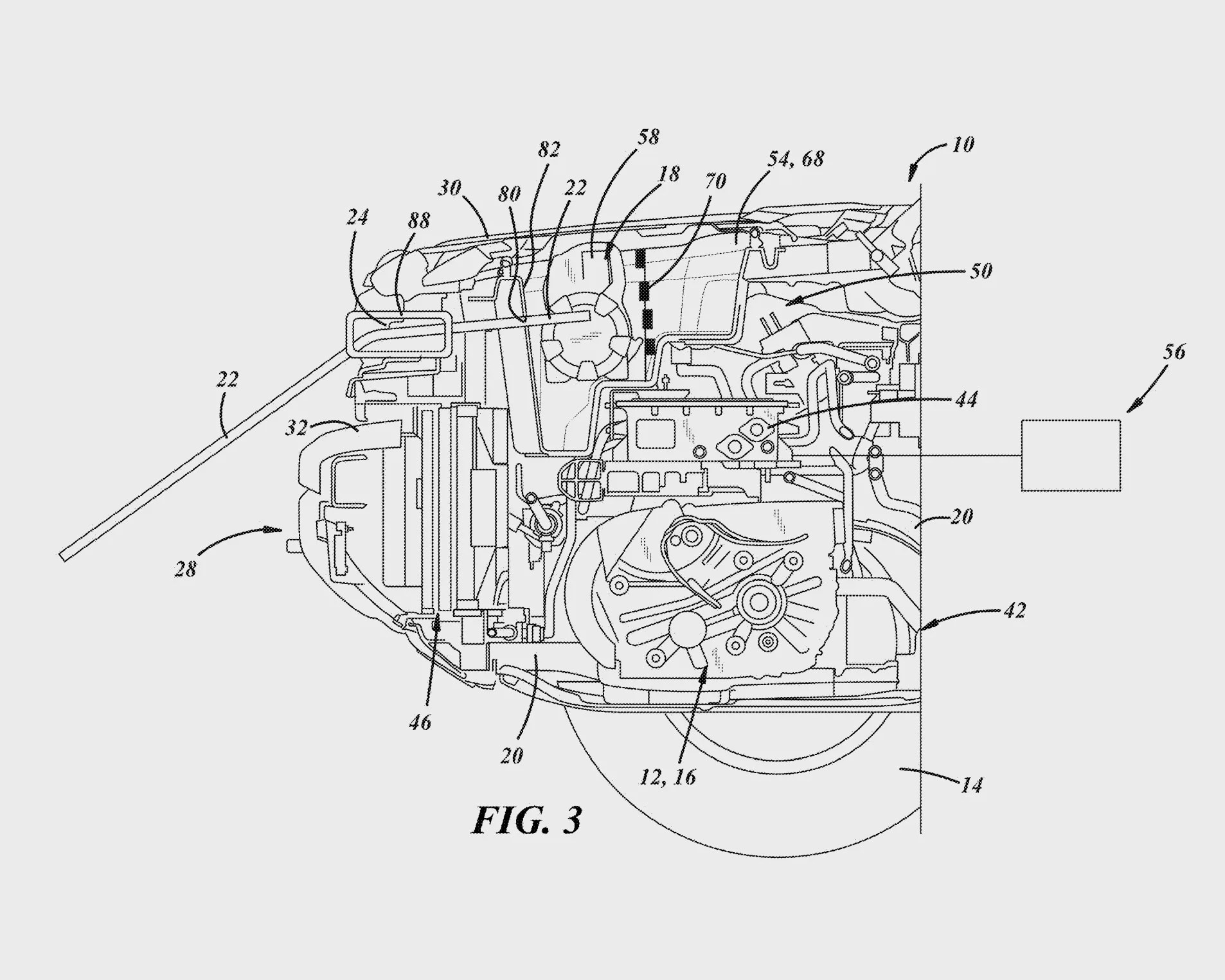 Technical line drawing of a vehicle's front section showing engine components, cooling system, and labeled parts.
