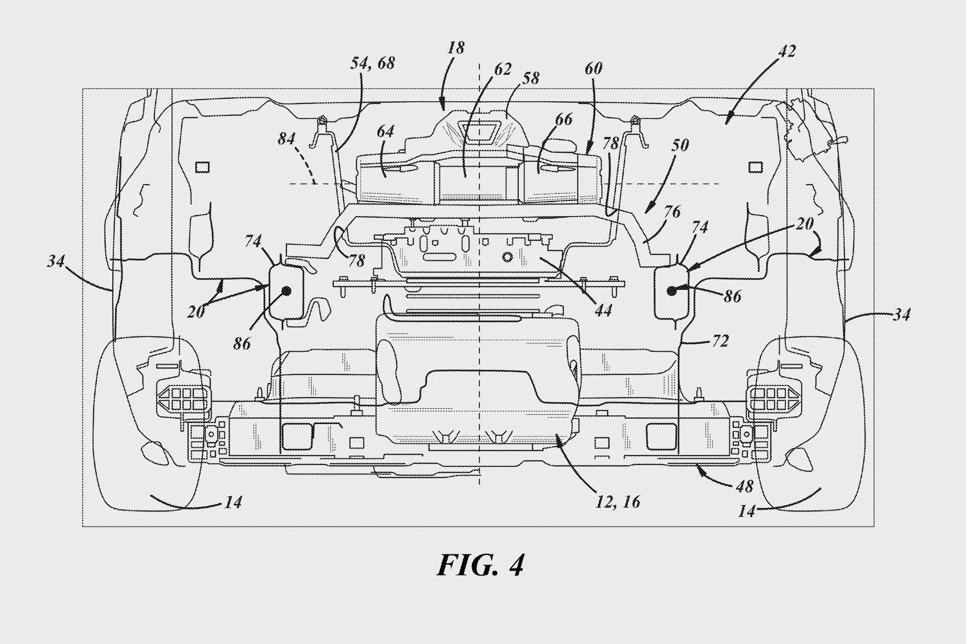 Top-down technical drawing of a vehicle chassis showing labeled components including wheels, frame, and engine parts.