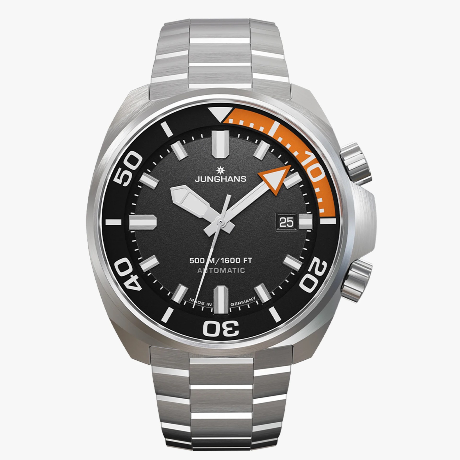Stainless steel Junghans automatic dive watch with black dial, orange and black bezel, and date display.