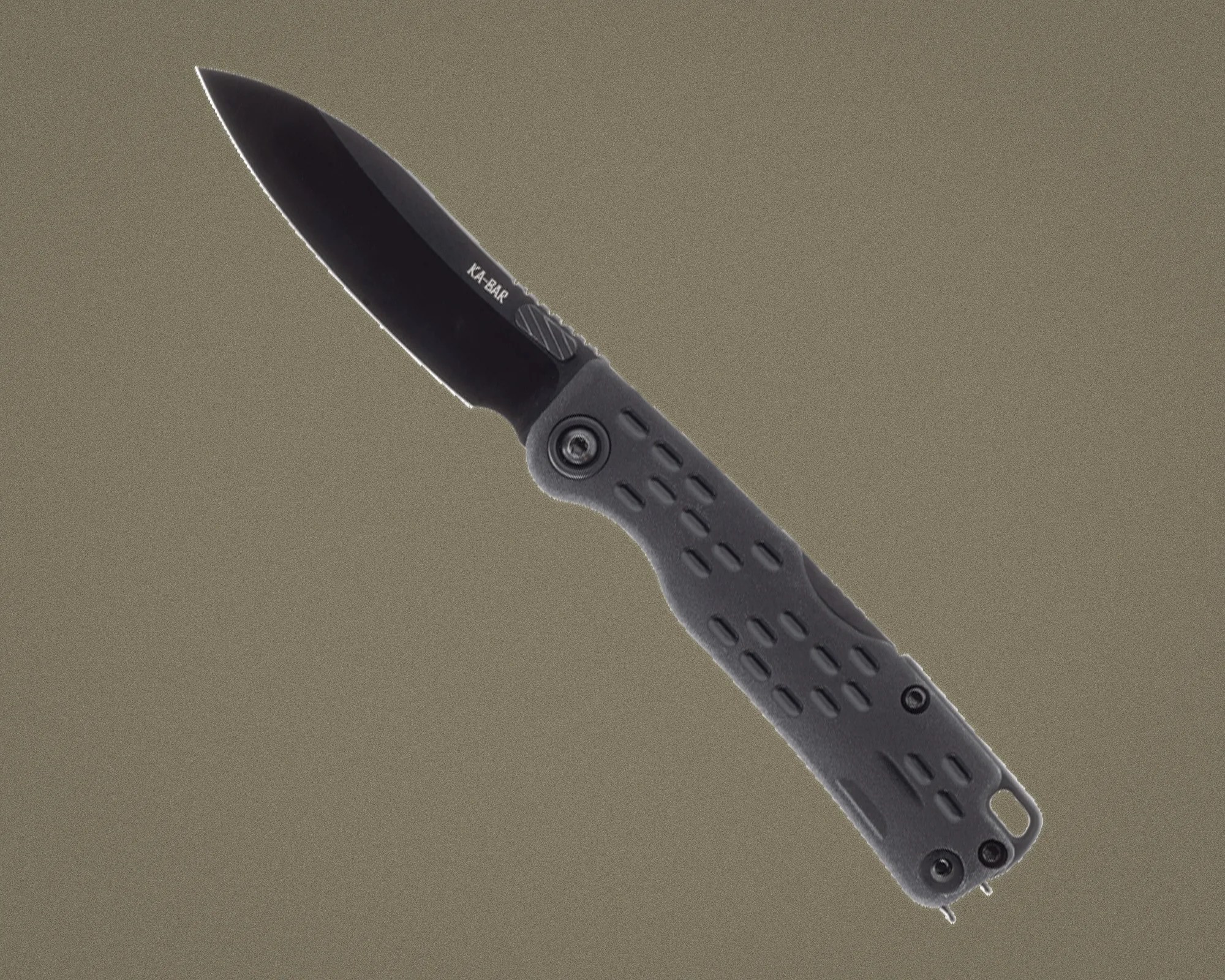 Black KA-BAR folding knife with textured gray handle on a plain background.