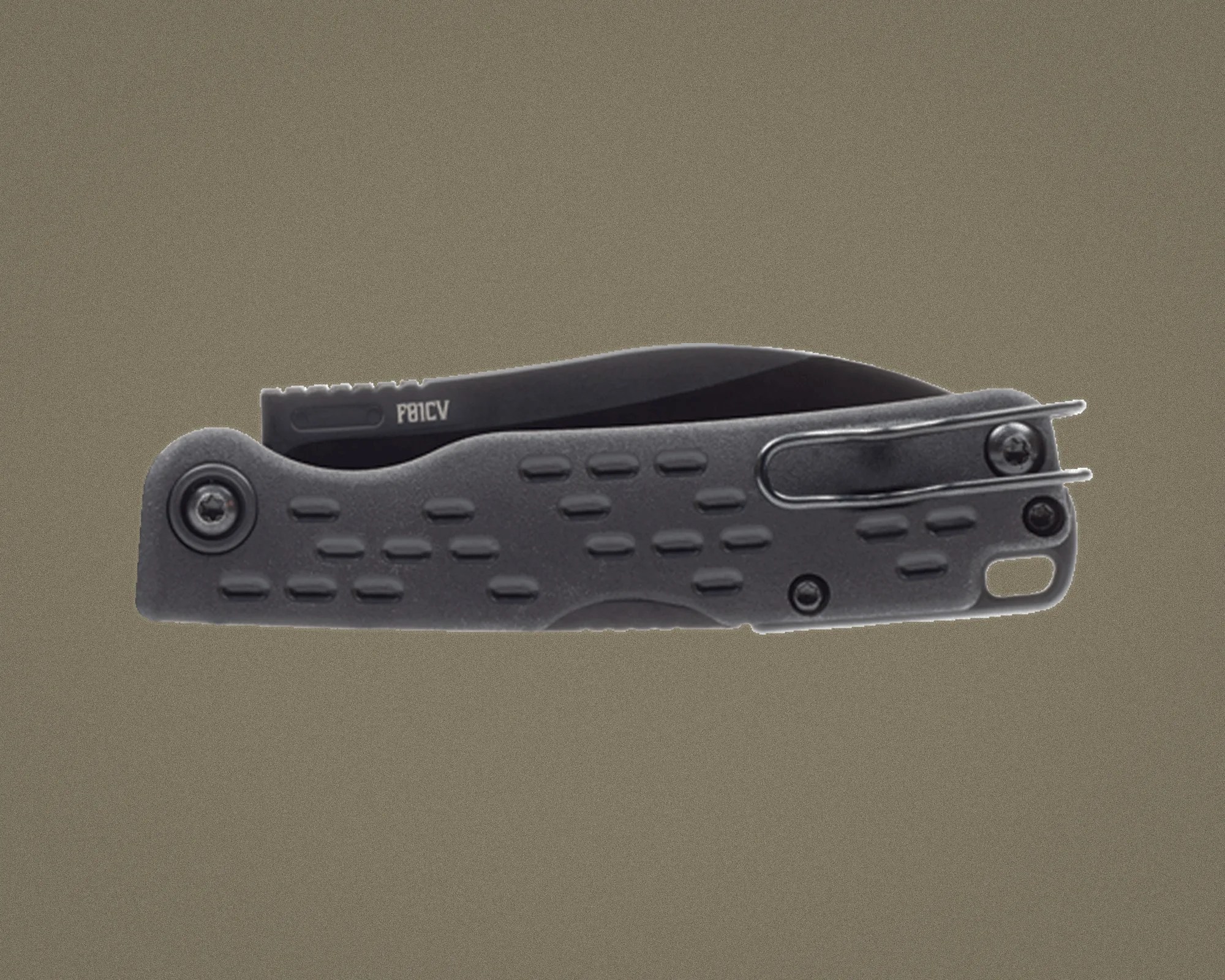 Closed black folding pocket knife with textured handle and metal clip on a gray background.
