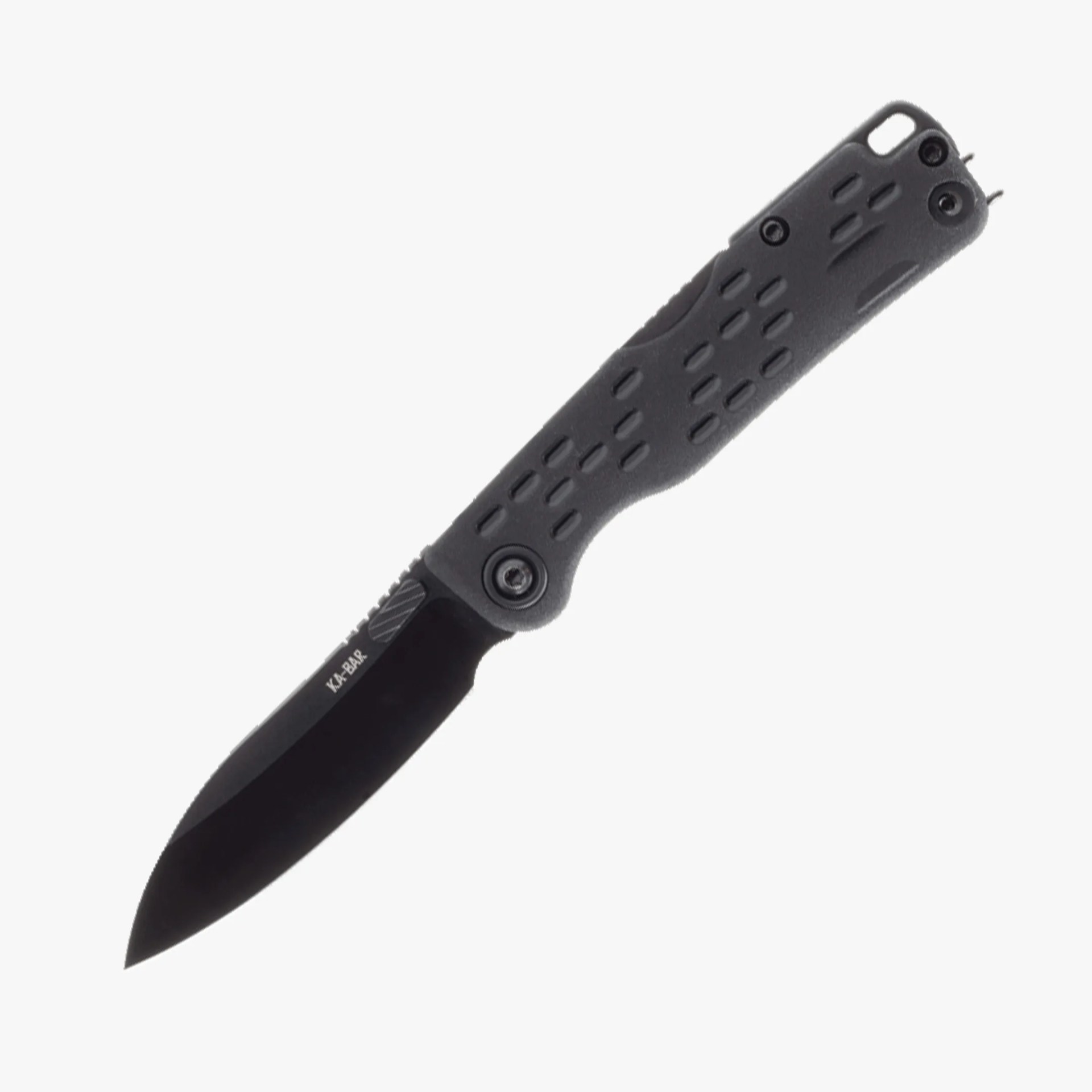 Black folding knife with textured dark gray handle and KA-BAR logo on the blade.