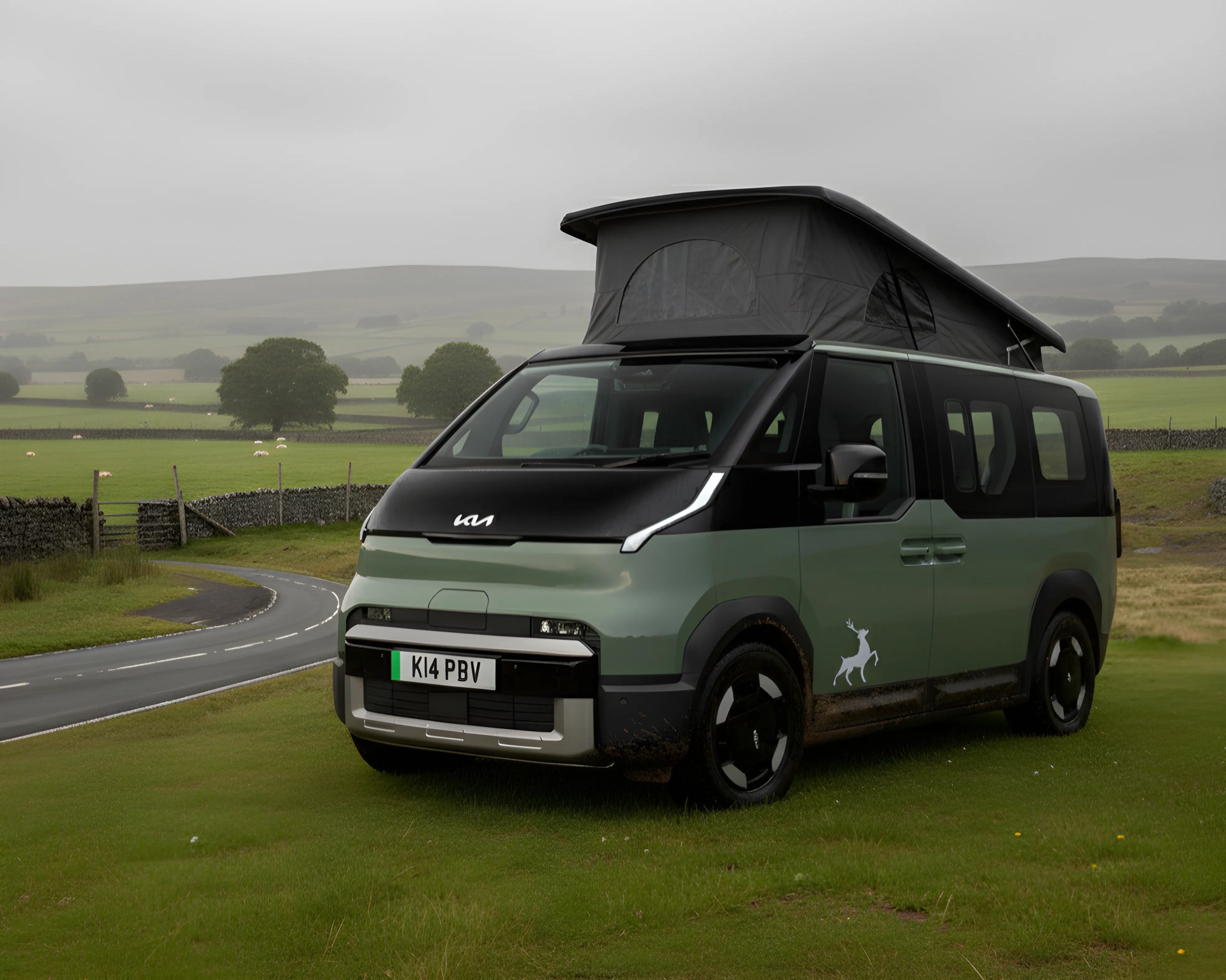 Green and black camper van with pop-up roof and deer decal parked on grassy field near winding road.