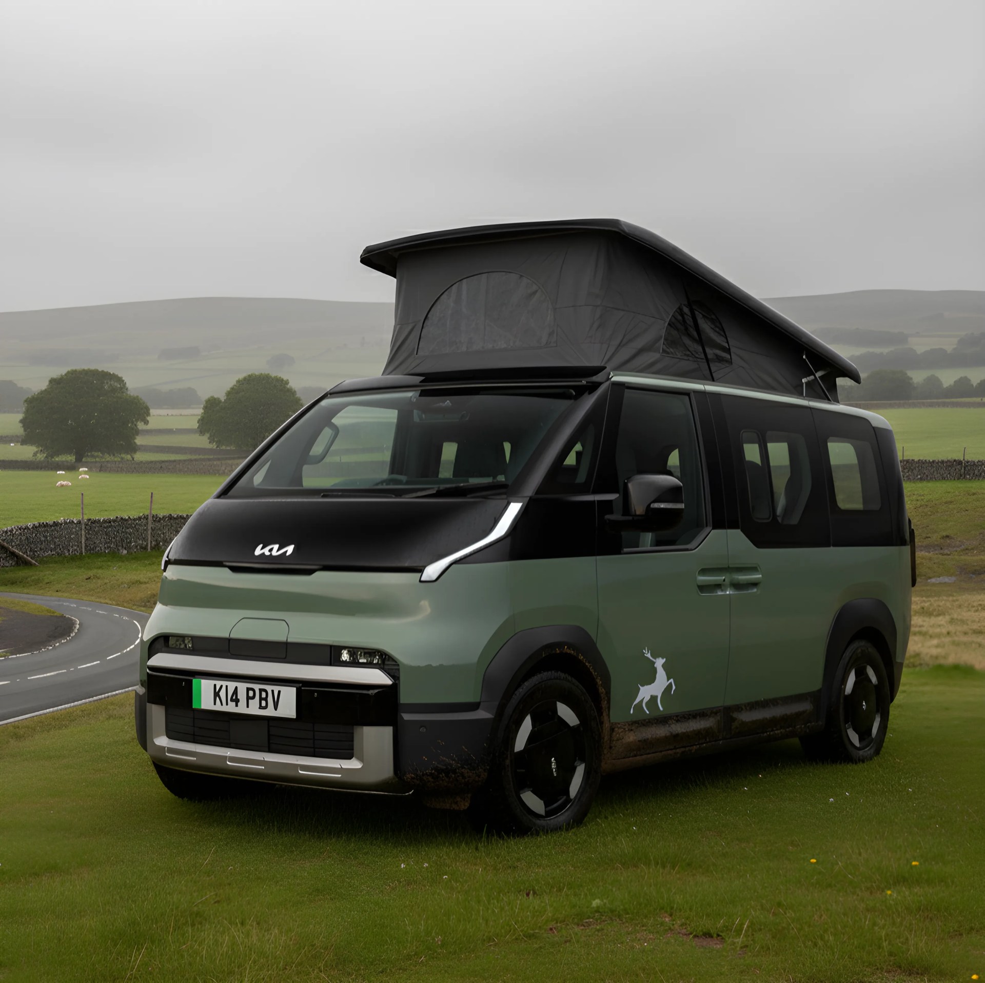 Green and black camper van with pop-up roof and deer decal parked on grassy field near winding road.