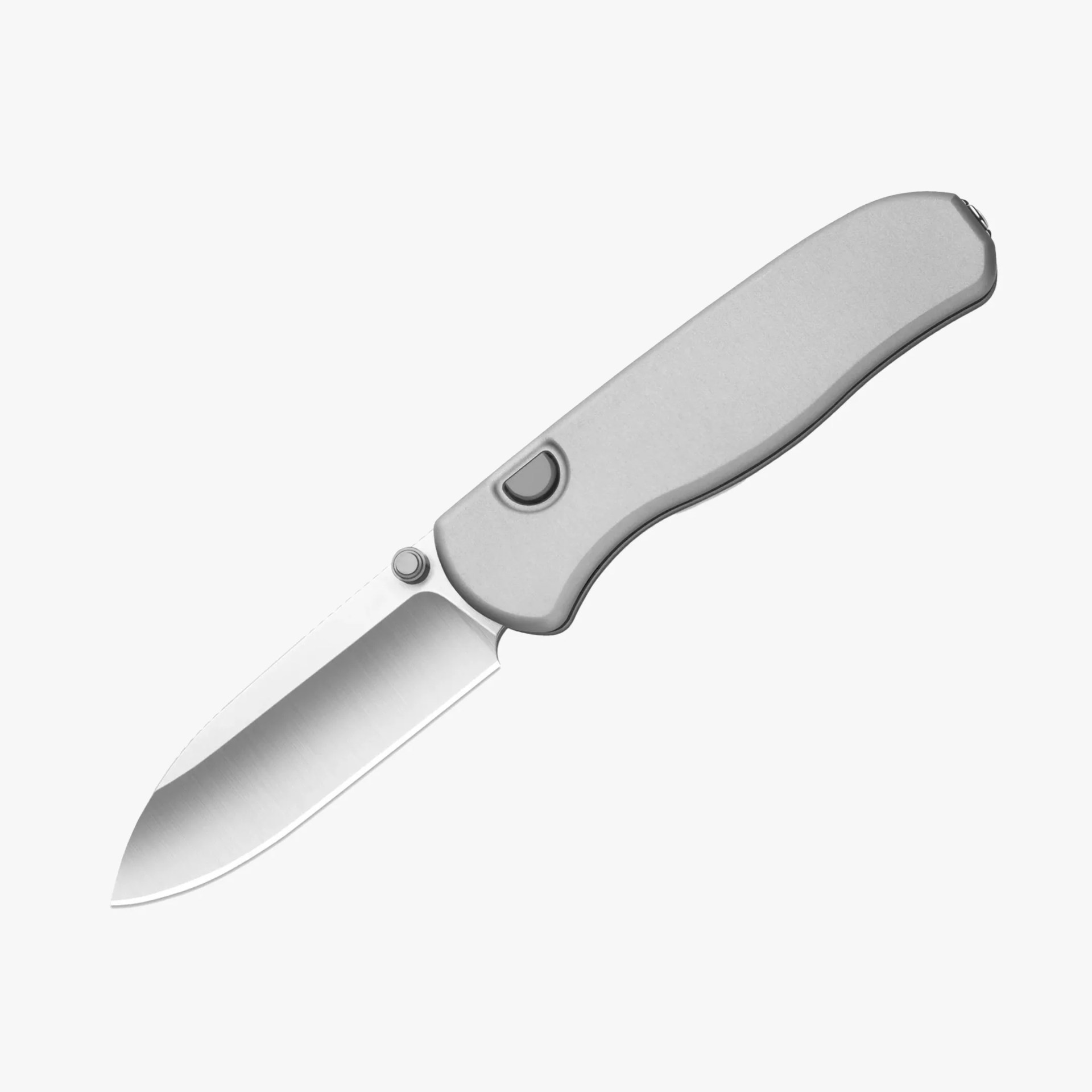 Folding pocket knife with a silver blade and light gray handle.