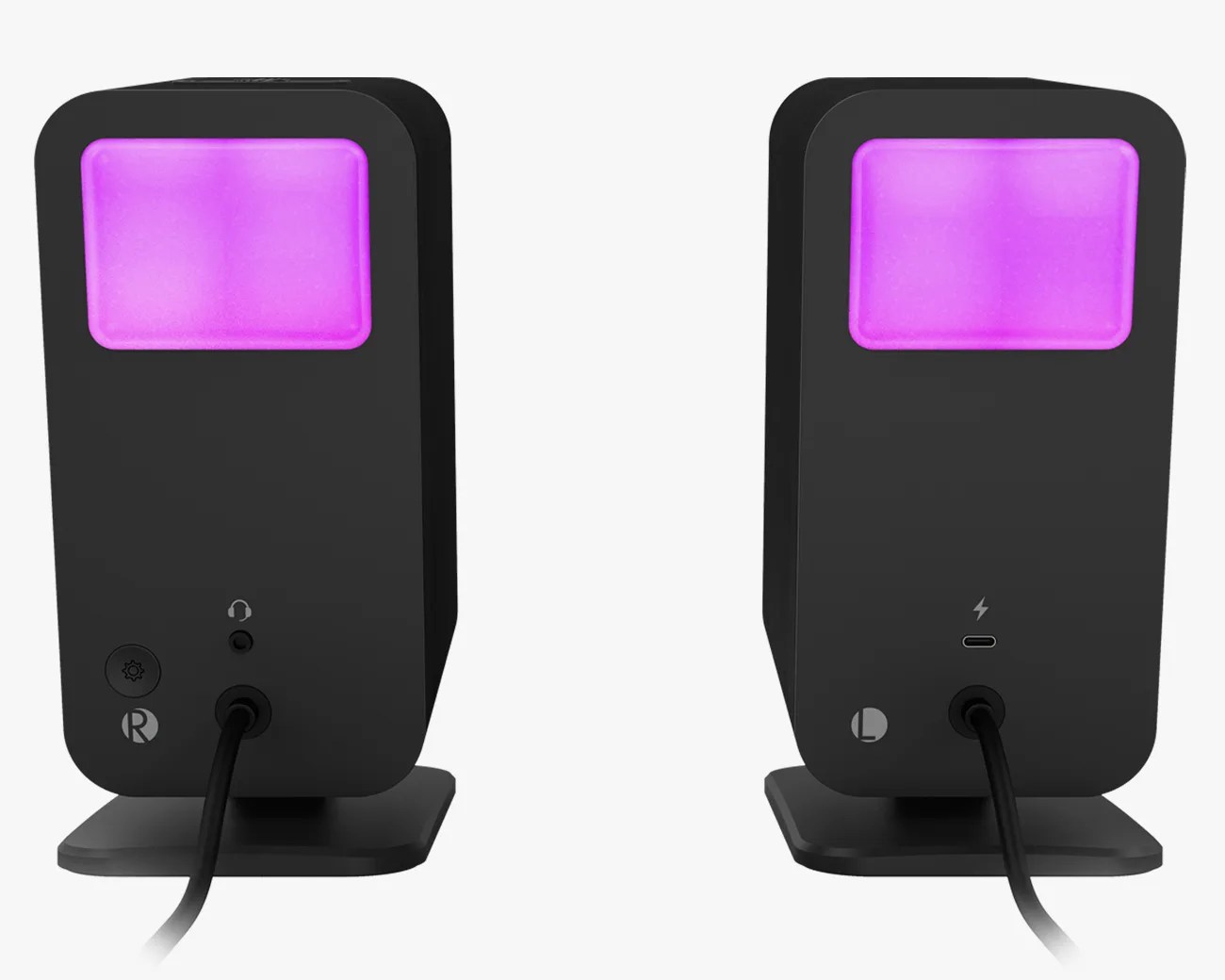 Pair of black rectangular speakers with purple LED light panels on top, each with cables plugged in at the back.
