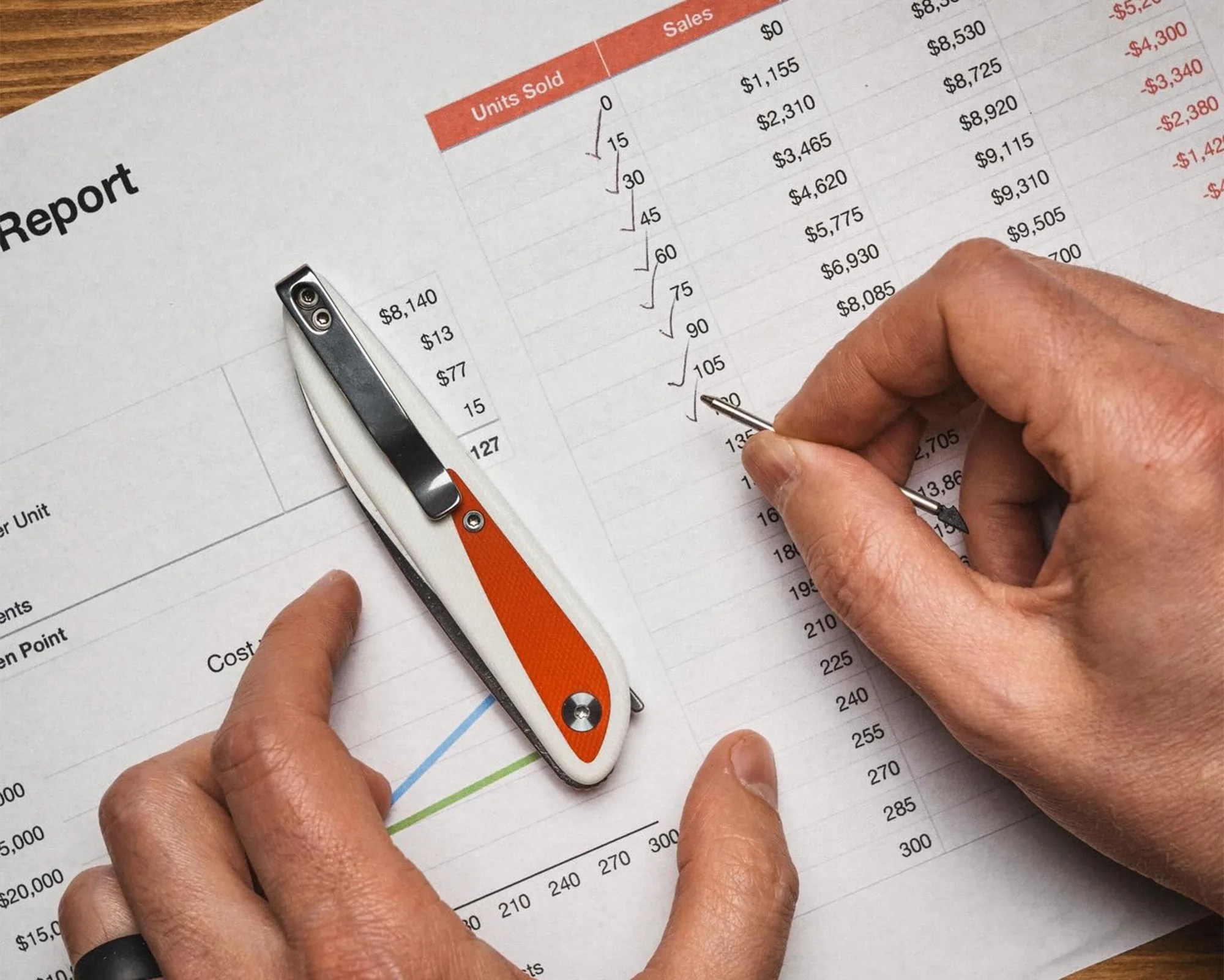 Hand holding a small metal tool checking off items on a printed sales report with a folding knife on the paper.