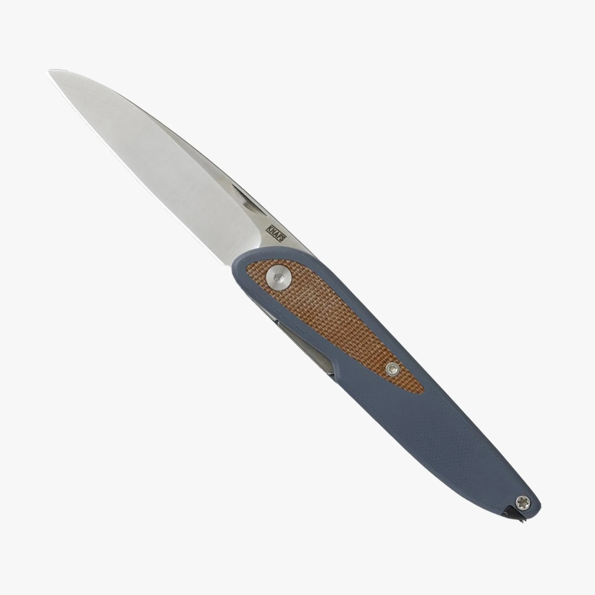 Folding knife with a stainless steel blade and a blue handle featuring a brown textured inlay.