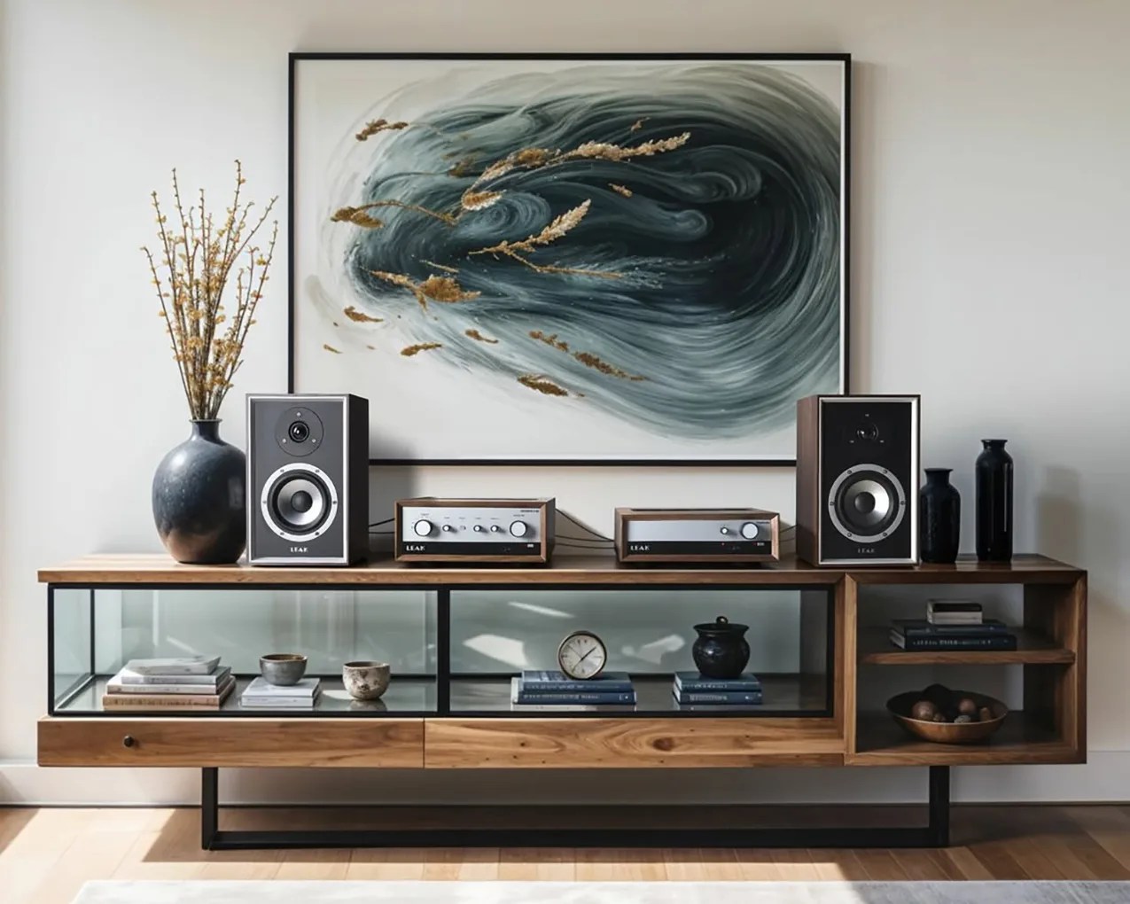 Wooden media console with glass-front cabinets holding books and ceramics, topped with black speakers, audio equipment, and vases under abstract wall art.