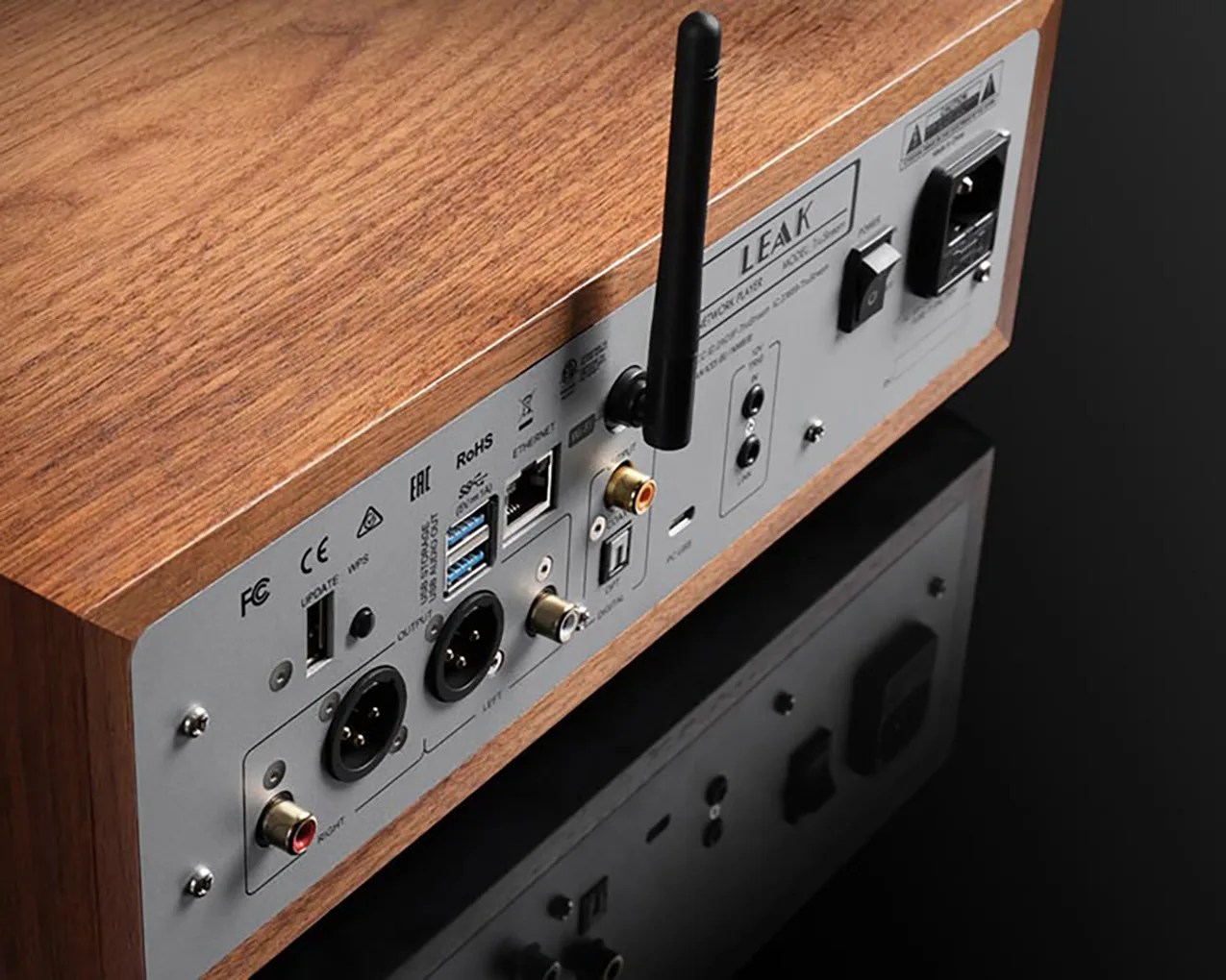 Wood-finished audio device rear panel with multiple ports including USB, Ethernet, XLR, RCA, and a black antenna.