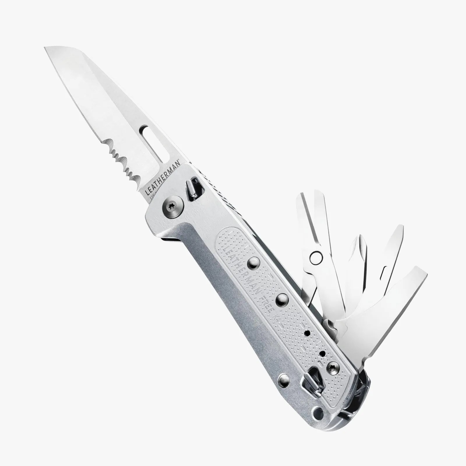Silver Leatherman multi-tool with partially serrated knife blade and multiple fold-out tools.