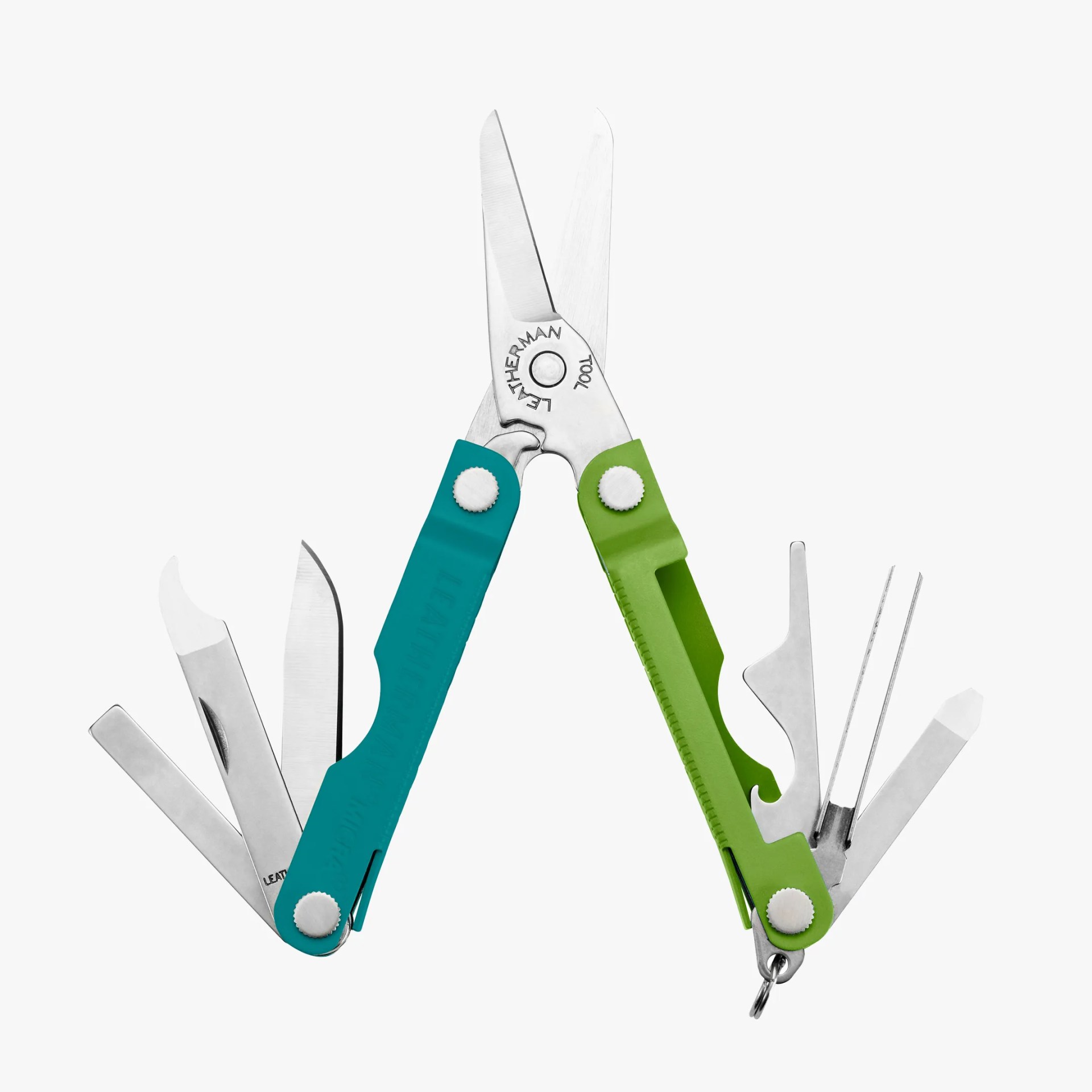 Multitool with teal and green handles featuring scissors, knives, tweezers, and other fold-out tools.