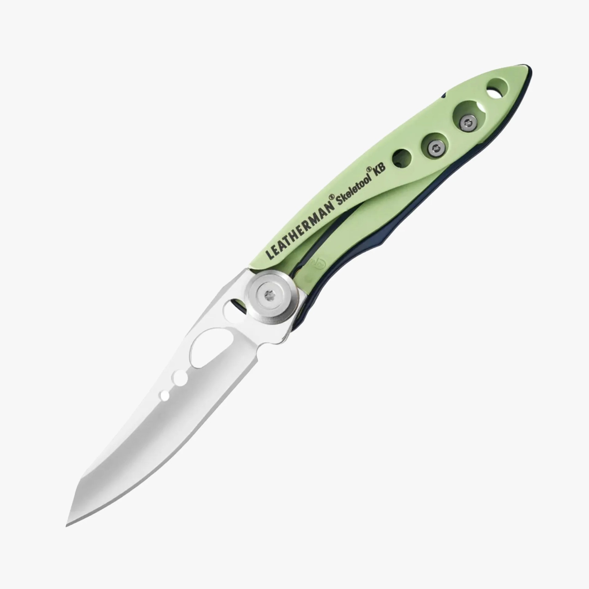 Folding knife with a curved stainless steel blade and a light green handle labeled 