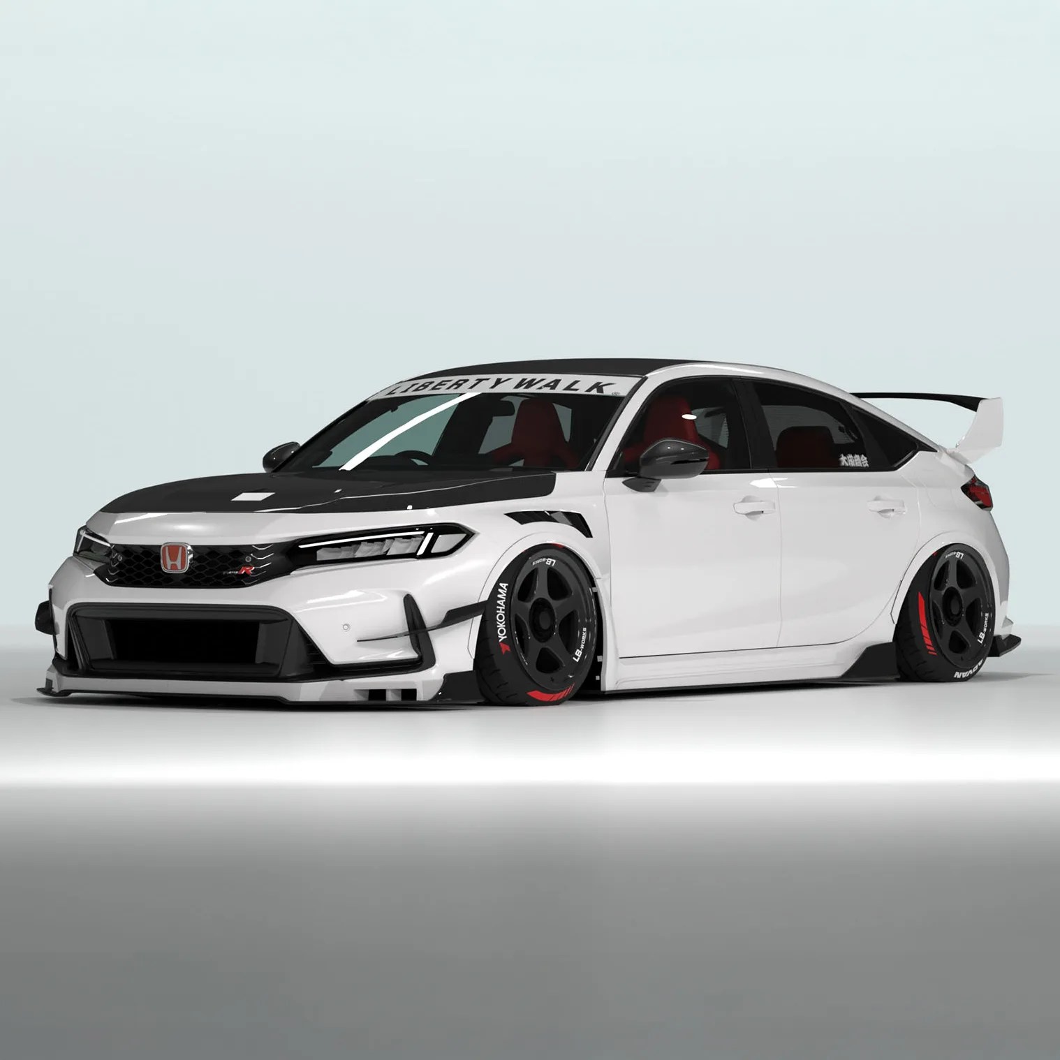 White Honda Civic hatchback with black Liberty Walk body kit, wide fenders, red-accented Yokohama tires, and large rear spoiler.