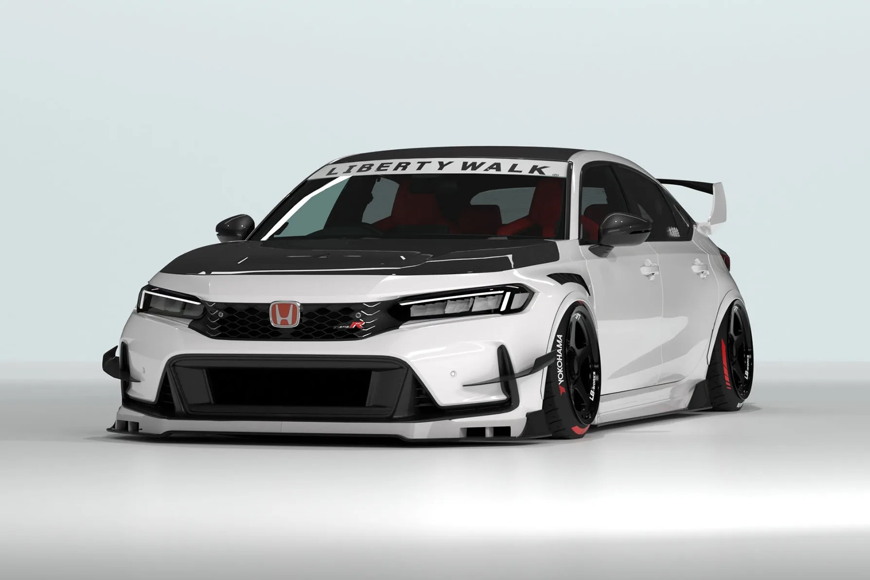 White Honda Civic Type R with black Liberty Walk body kit and red-accented Yokohama tires on a plain background.
