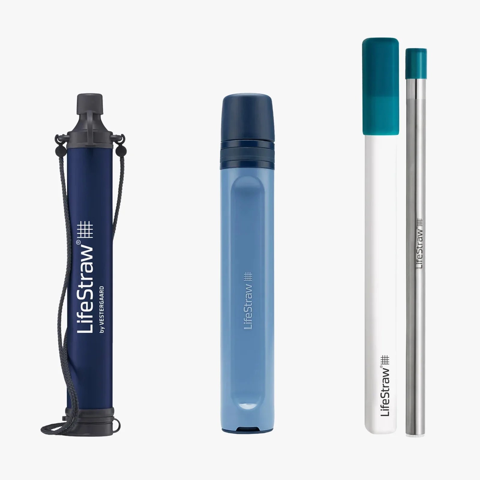 Three LifeStraw water filters: a navy blue tube with black cap and strap, a light blue tube with dark blue cap, and a white and silver metal straw with teal caps.