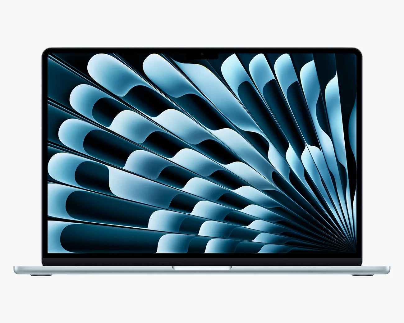 Silver laptop with thin bezels displaying a blue abstract wave pattern on the screen.
