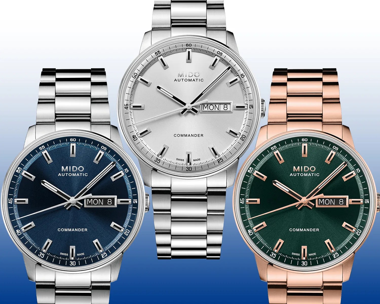 Three Mido Commander automatic wristwatches with metal link bracelets in silver, silver with white dial, and rose gold with green dial.