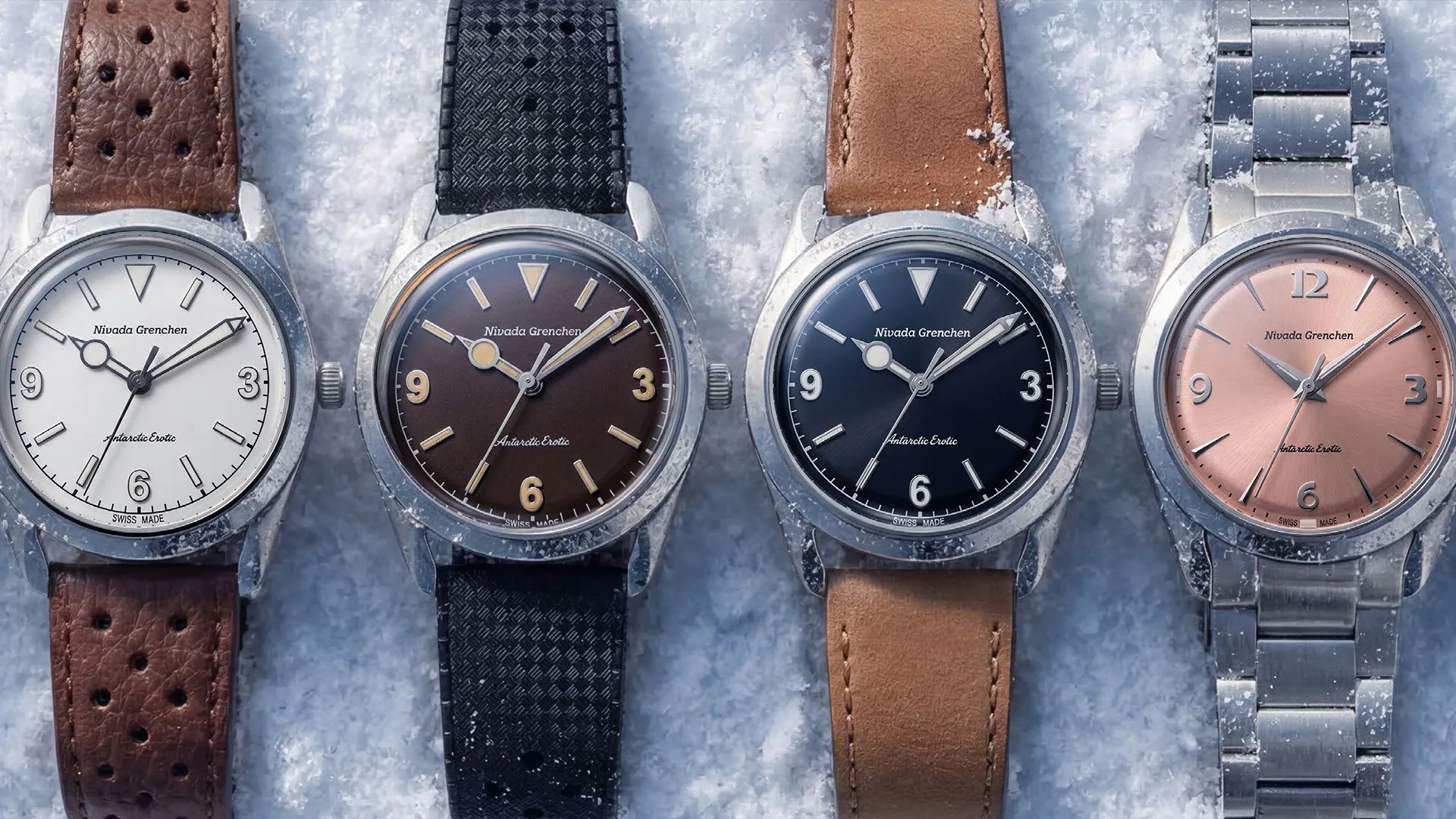 Four Nivada Grenchen Antarctic Exotic wristwatches with different dial colors and straps on snow.