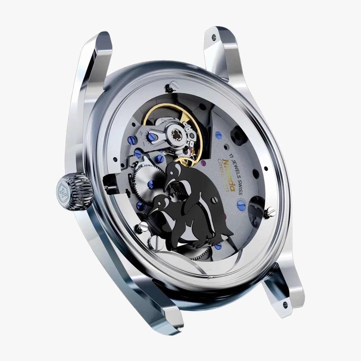 Silver watch case with visible mechanical movement and black penguin-shaped rotor inside.
