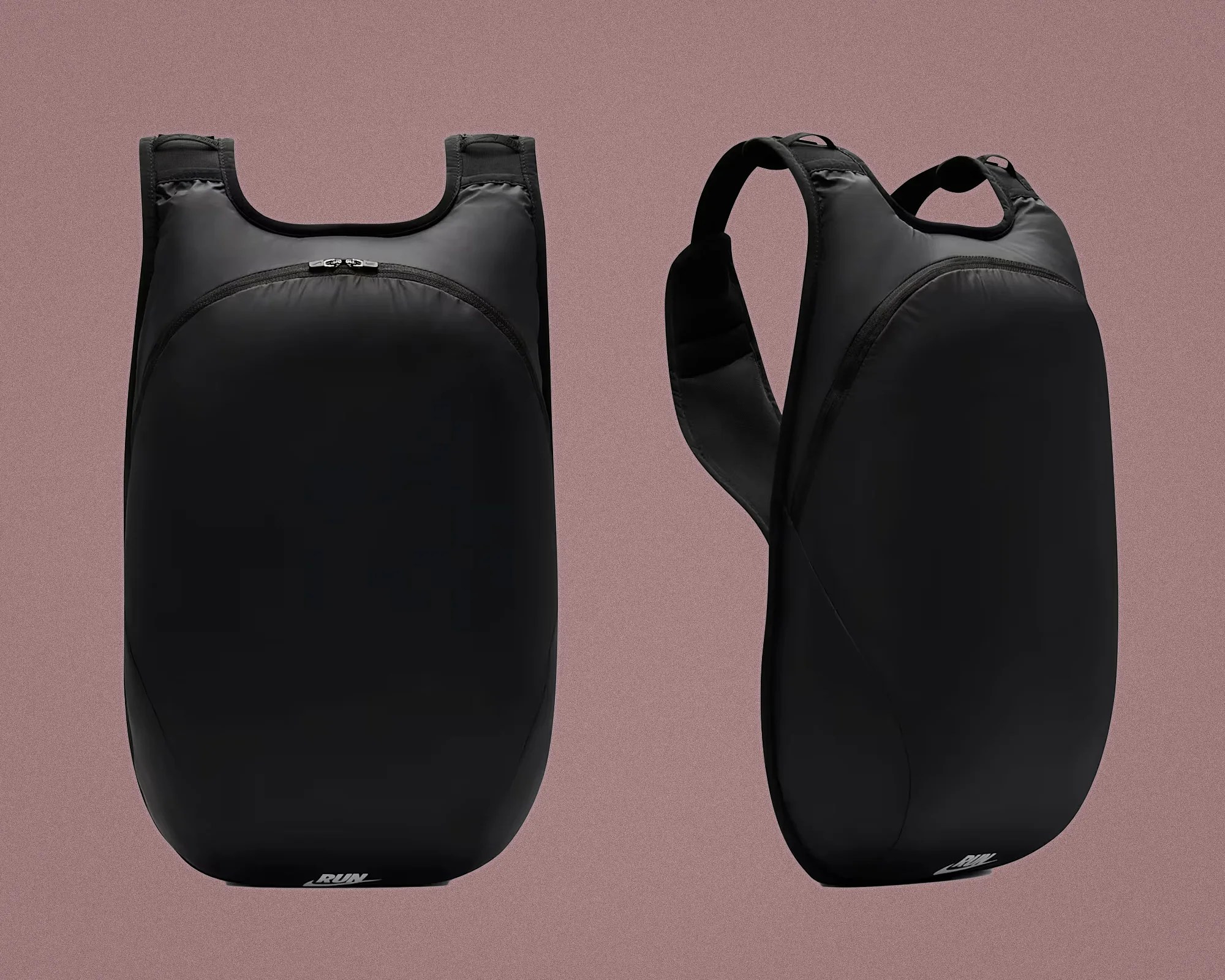 Two views of a sleek black backpack with padded shoulder straps and a front zippered compartment on a mauve background.