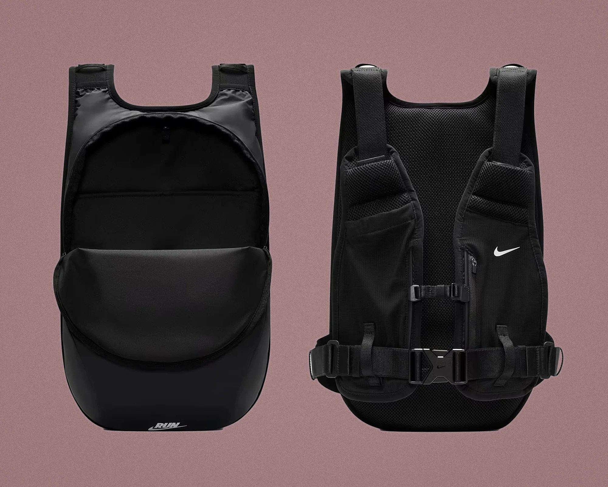 Black Nike running vest with front pouch and adjustable straps shown from front and back.