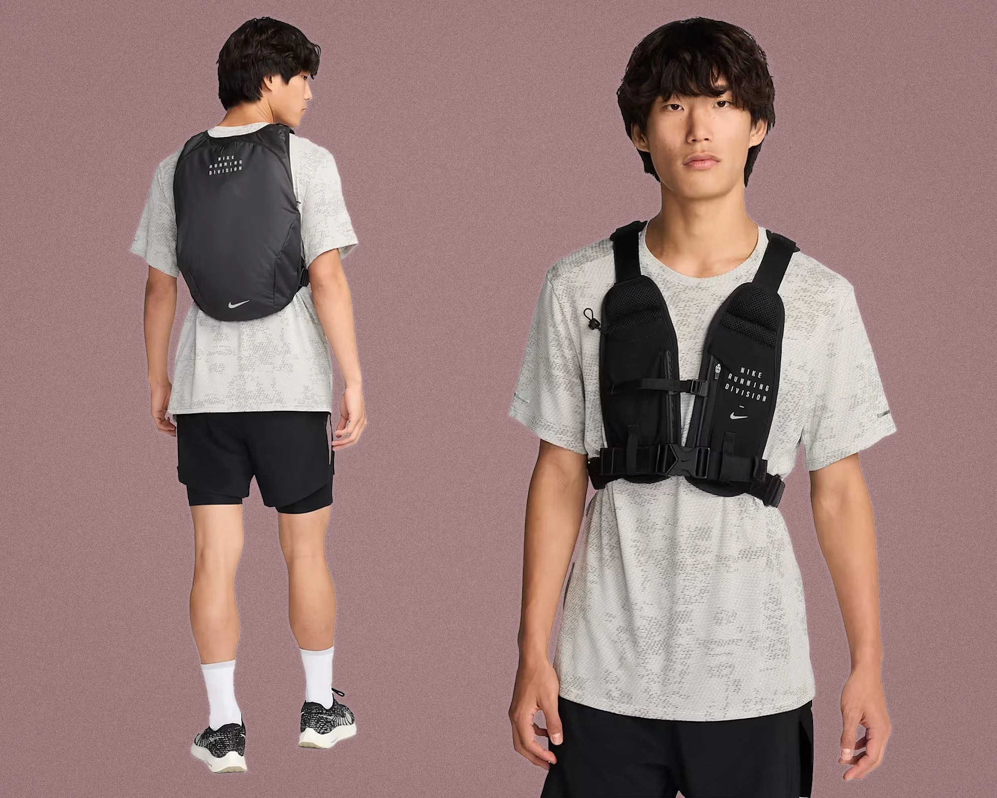 Black Nike running vest with front straps and back pouch worn by a person in a light gray patterned T-shirt and black shorts.