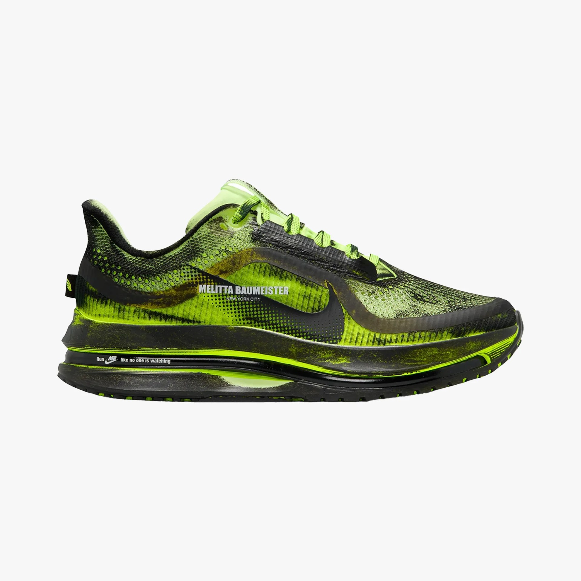 Neon green and black Nike running shoe with "Melitta Baumeister New York City" text on the side.